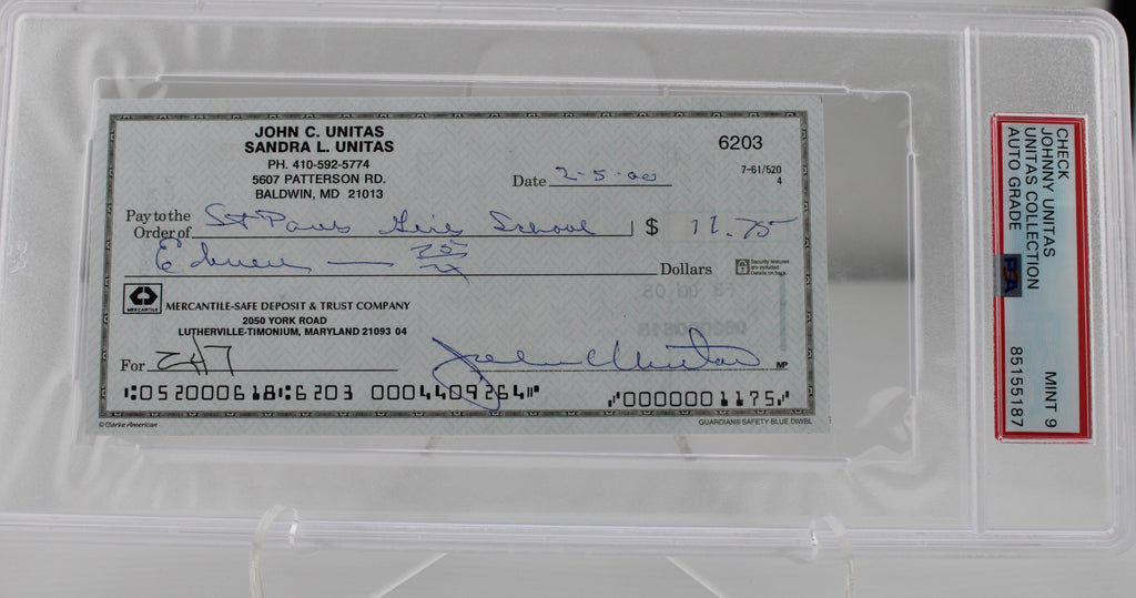 Johnny Unitas Signed Personal Check PSA/DNA Auto Grade Mint 9
