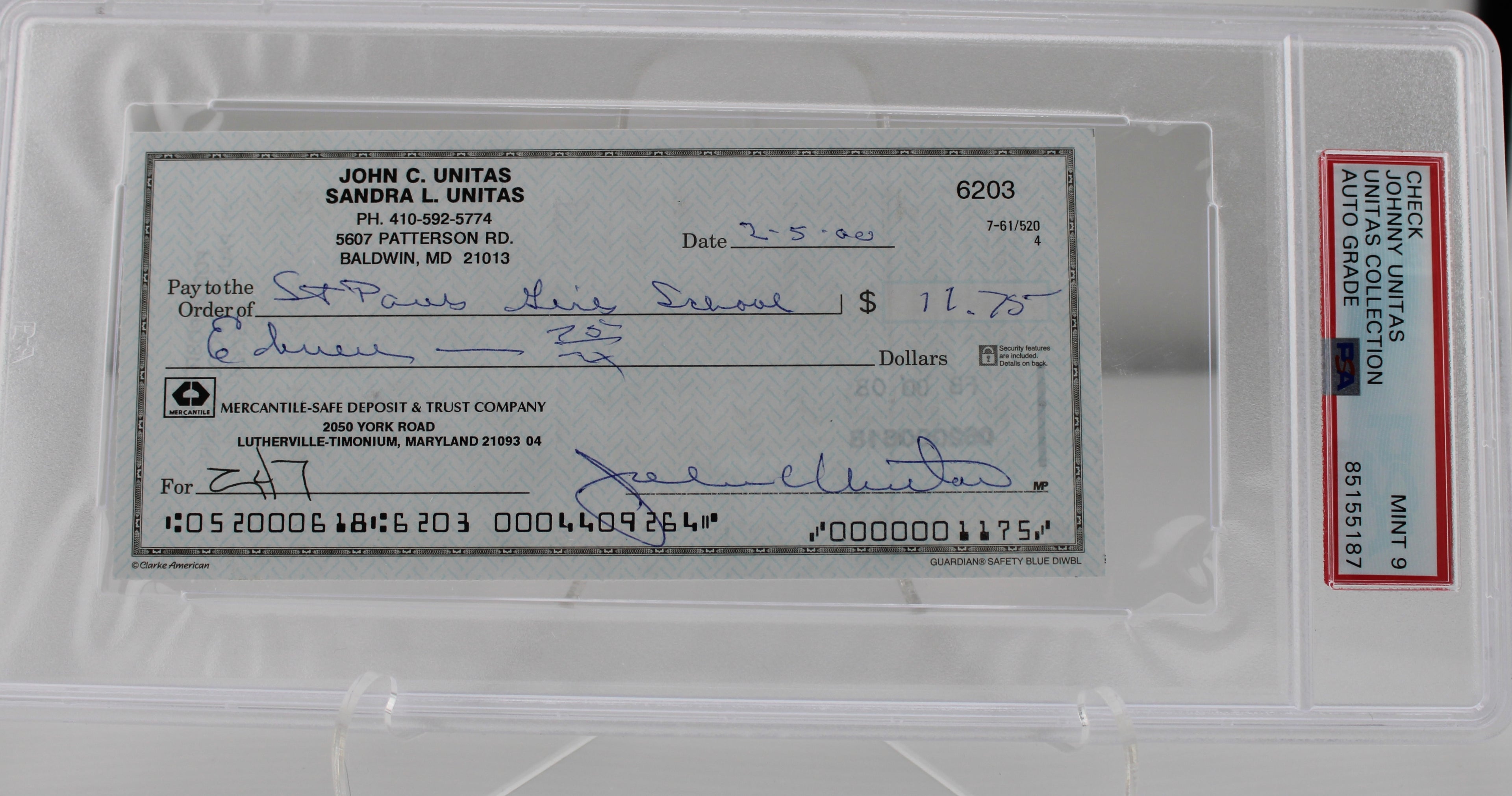 Johnny Unitas Signed Personal Check PSA/DNA Auto Grade Mint 9