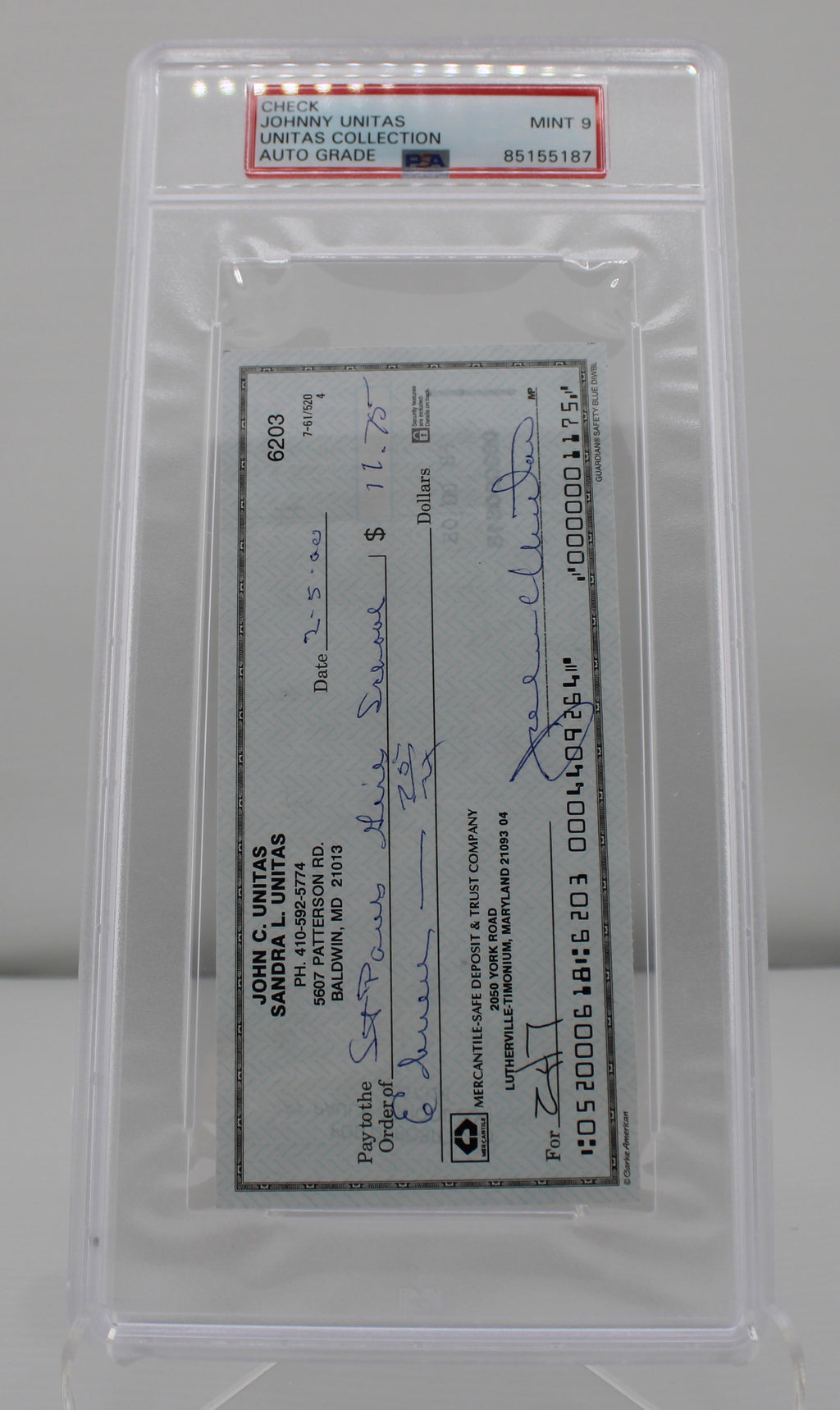 Johnny Unitas Signed Personal Check PSA/DNA Auto Grade Mint 9