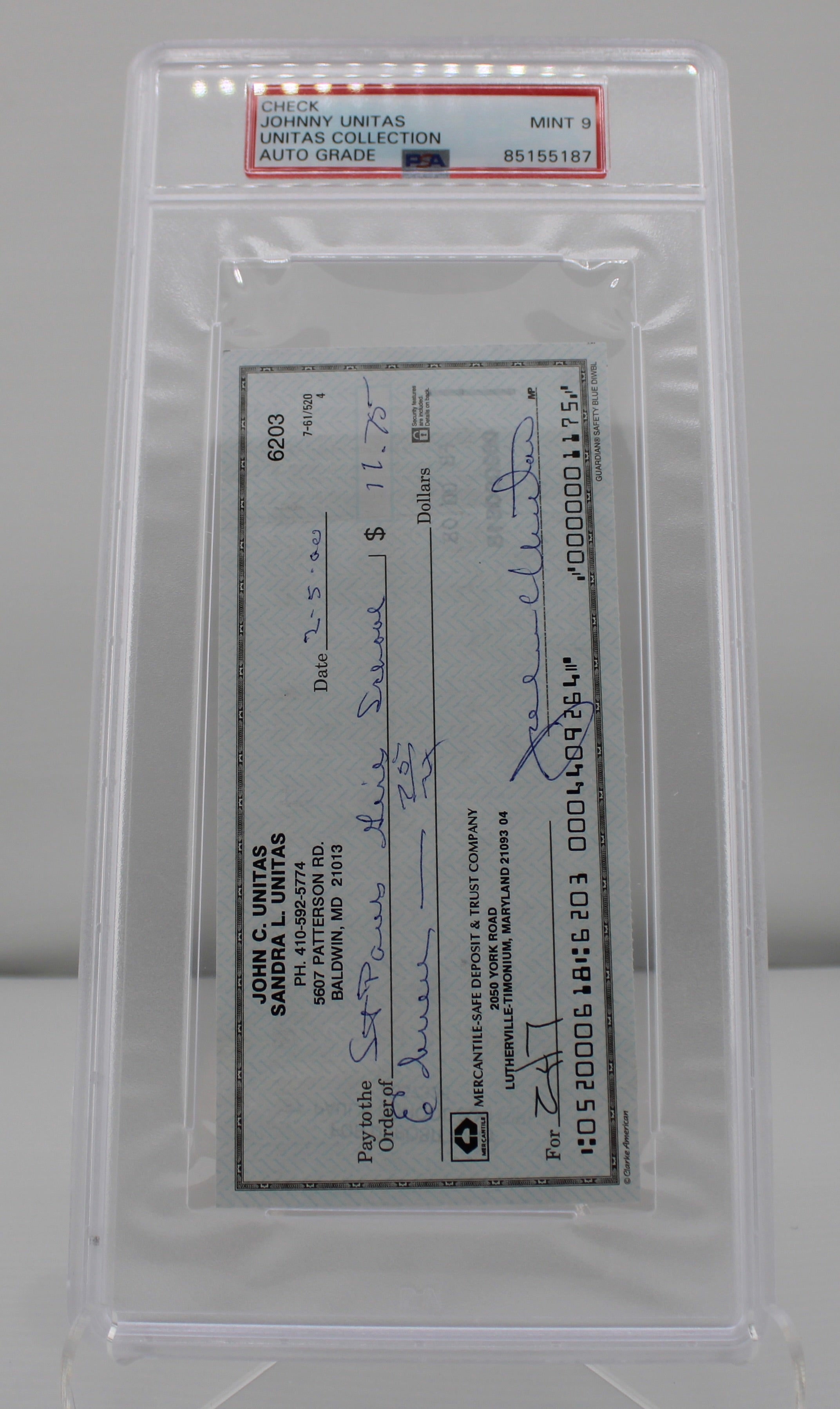 Johnny Unitas Signed Personal Check PSA/DNA Auto Grade Mint 9