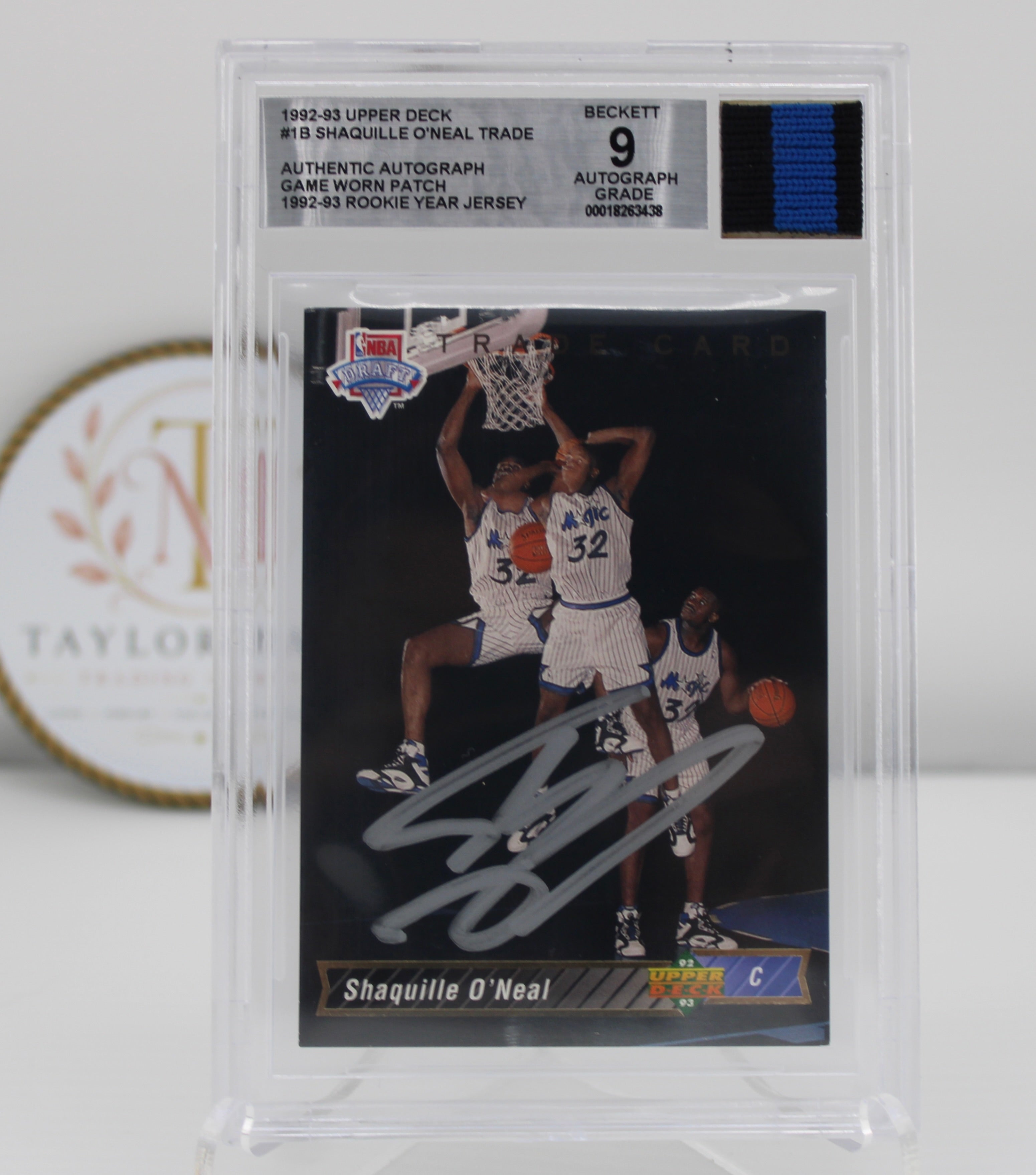1992-93 Upper Deck #1B Shaquille O'Neal Trade Beckett 9 Auto Game-Worn Patch Rookie Year Jersey