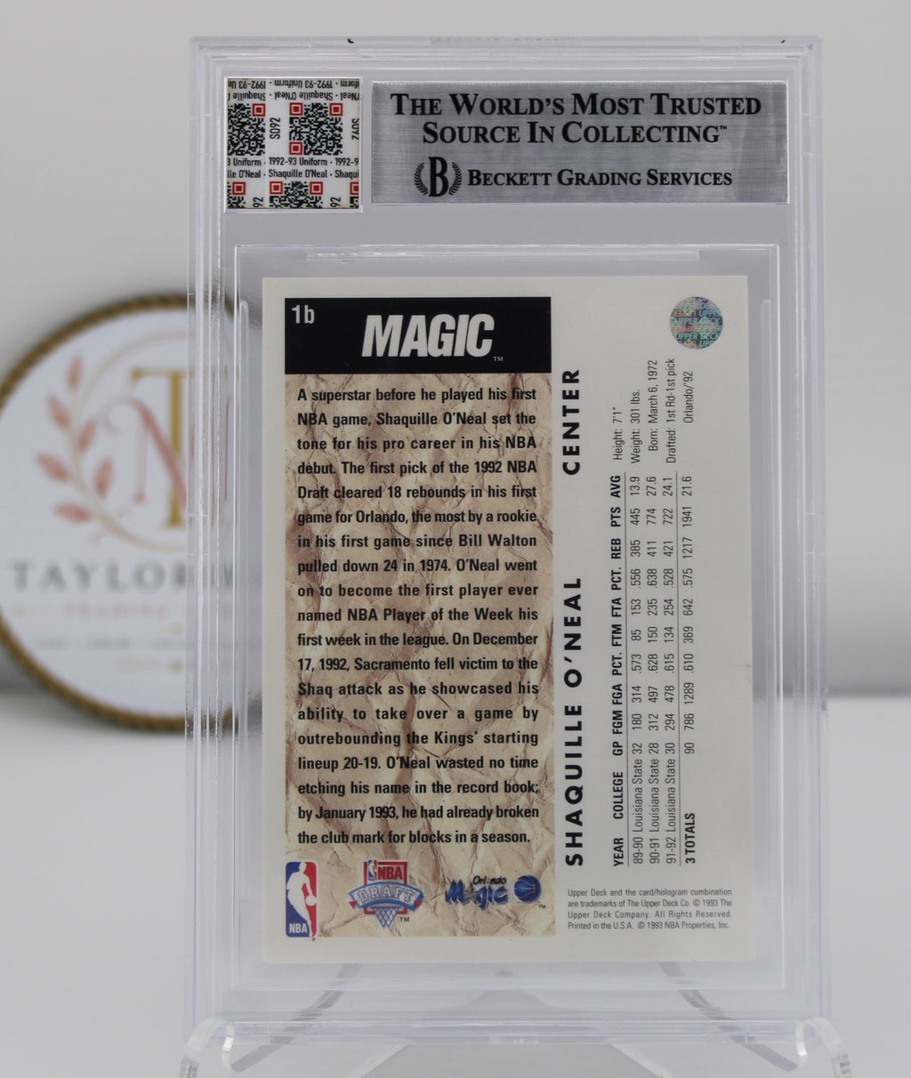 1992-93 Upper Deck #1B Shaquille O'Neal Trade Beckett 9 Auto Game-Worn Patch Rookie Year Jersey