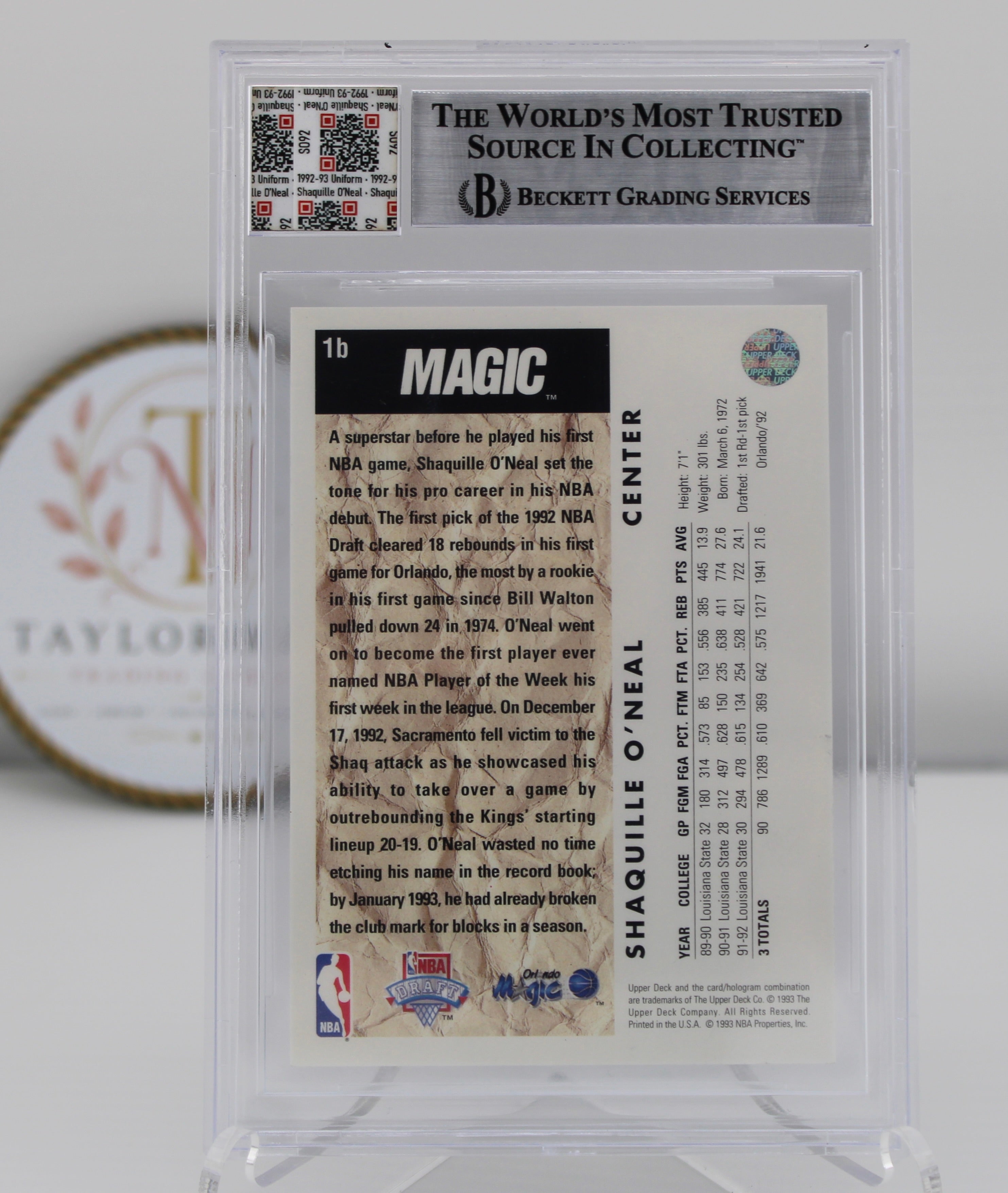 1992-93 Upper Deck #1B Shaquille O'Neal Trade Beckett 9 Auto Game-Worn Patch Rookie Year Jersey