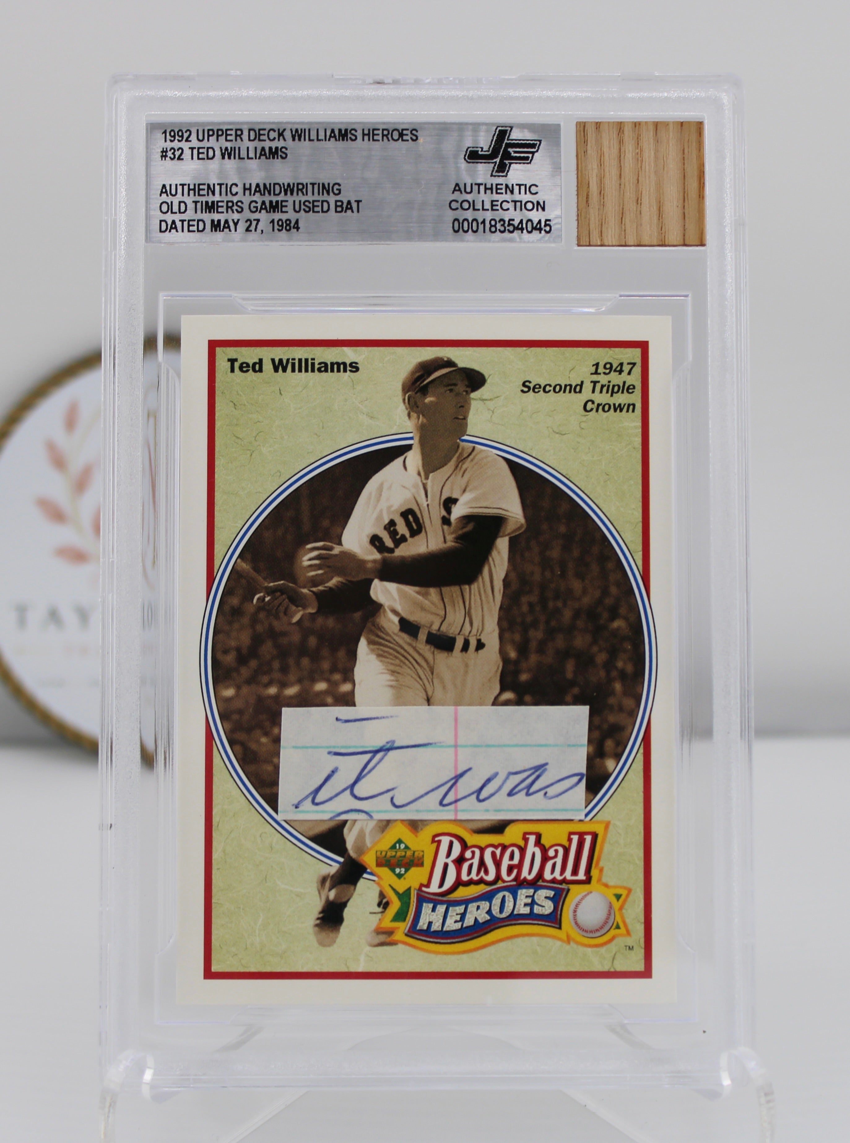 1992 Upper Deck Williams Heroes #32 Ted Williams Authentic Handwriting & Game-Used Bat Relic JF Authentic