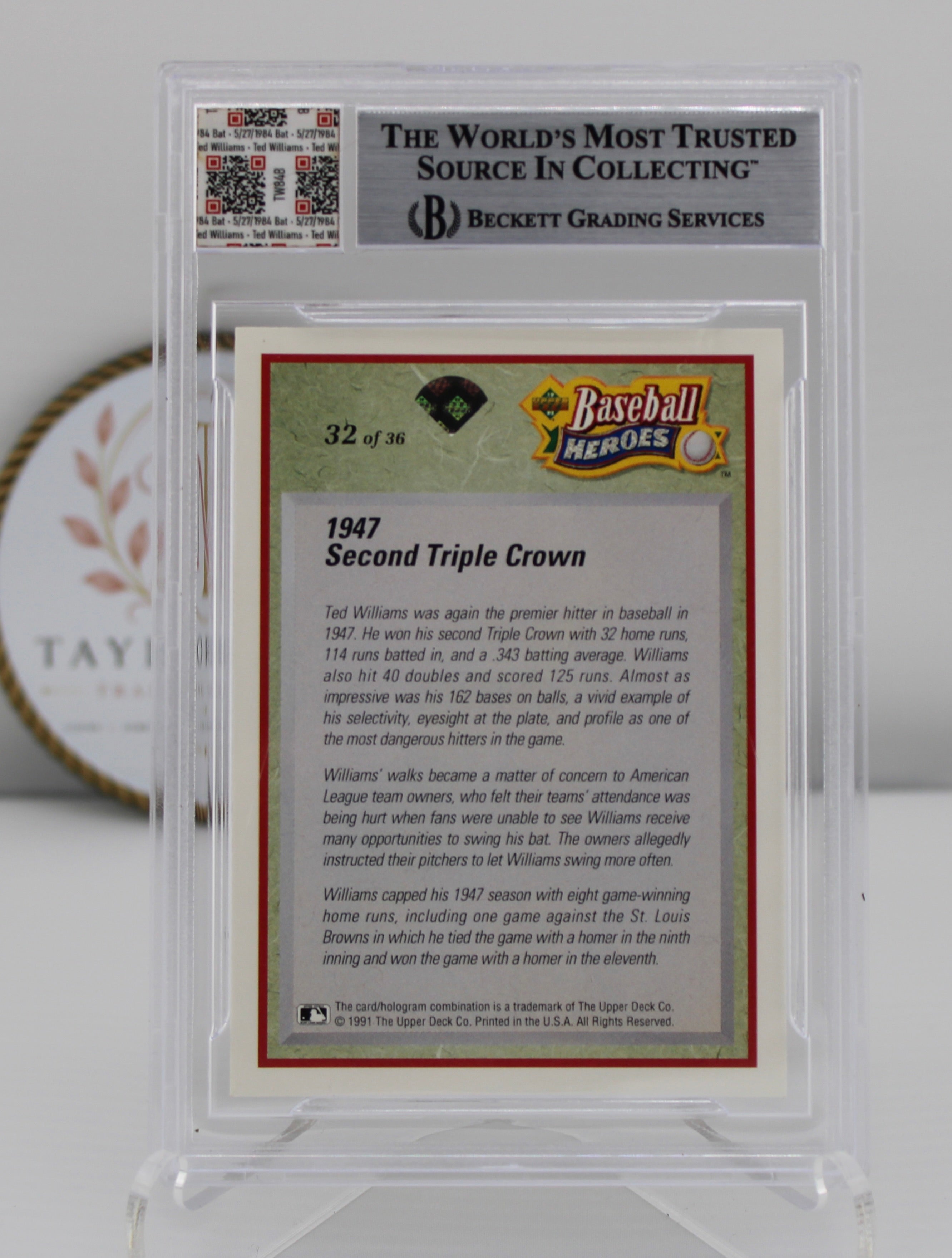 1992 Upper Deck Williams Heroes #32 Ted Williams Authentic Handwriting & Game-Used Bat Relic JF Authentic