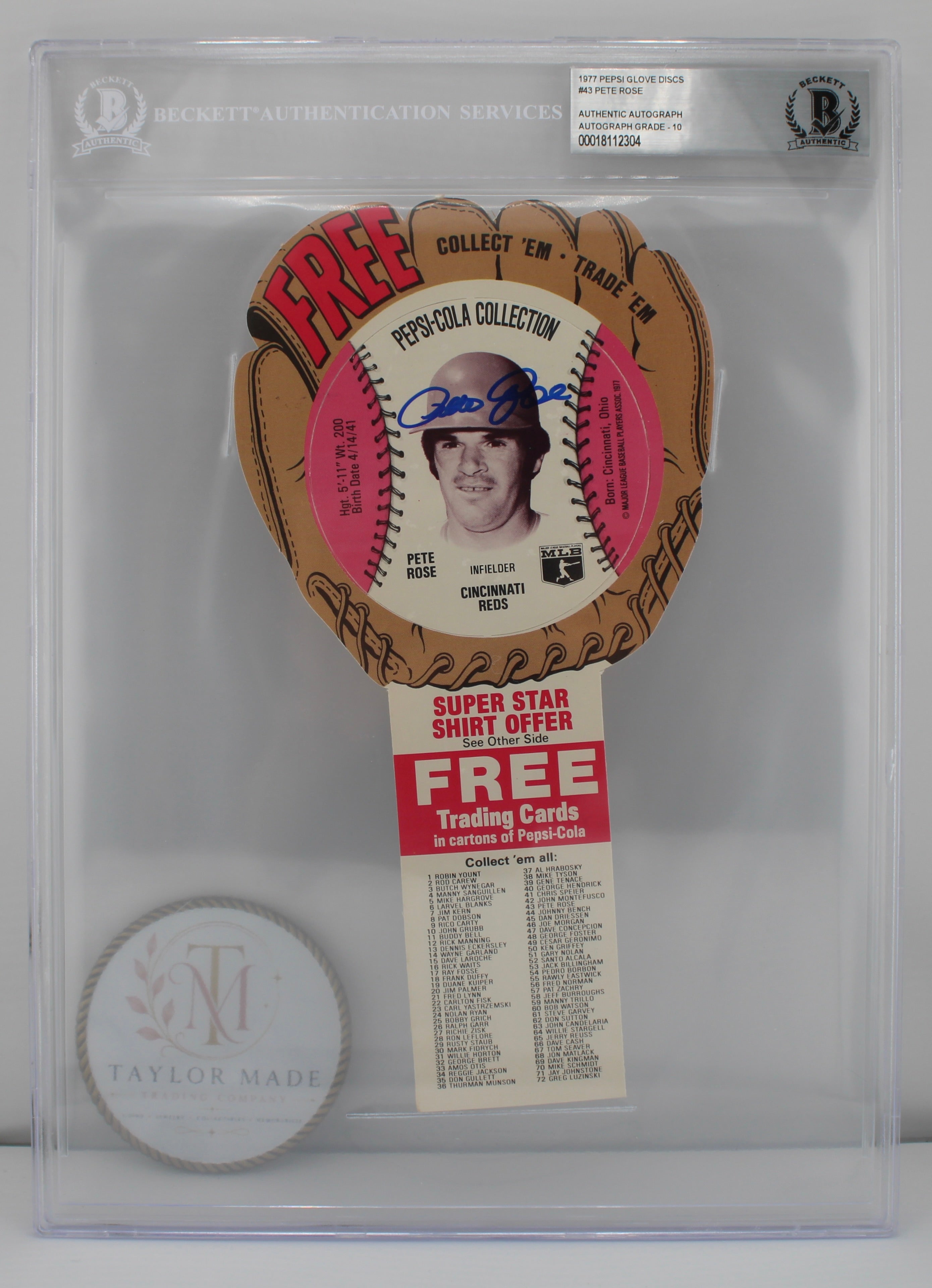1977 Pepsi Glove Discs #43 Pete Rose Authentic Autograph — Beckett Authentication Grade 10