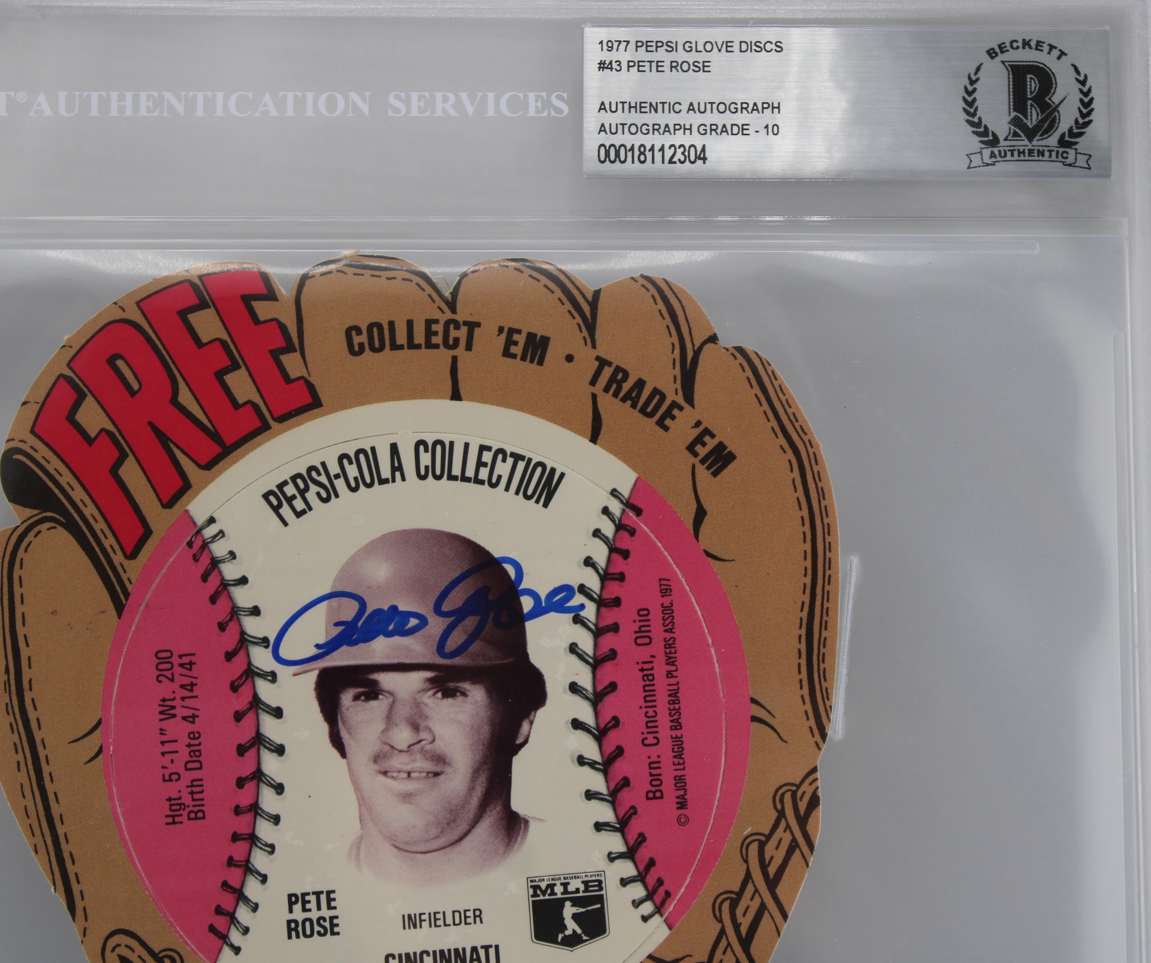 1977 Pepsi Glove Discs #43 Pete Rose Authentic Autograph — Beckett Authentication Grade 10