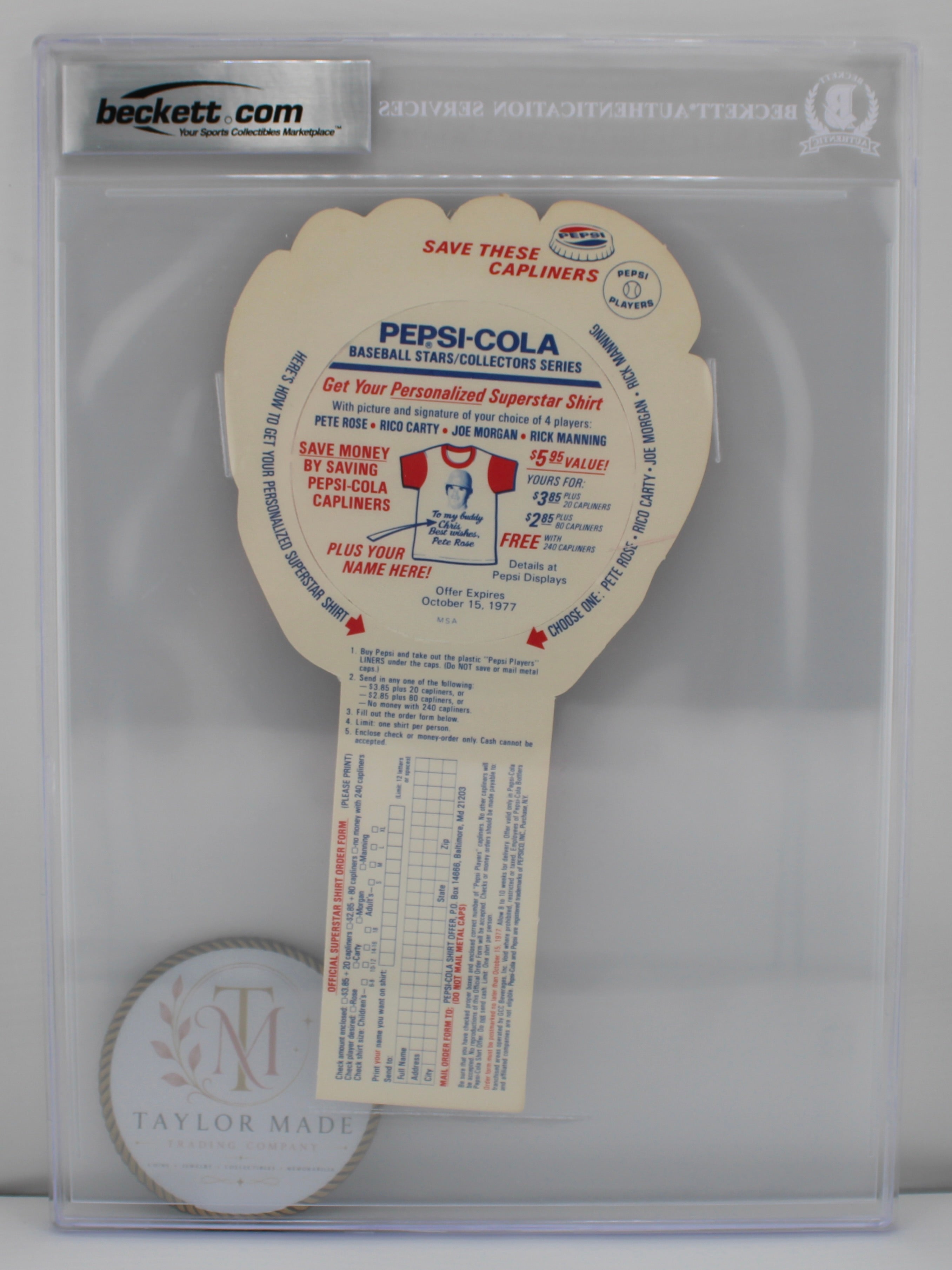1977 Pepsi Glove Discs #43 Pete Rose Authentic Autograph — Beckett Authentication Grade 10