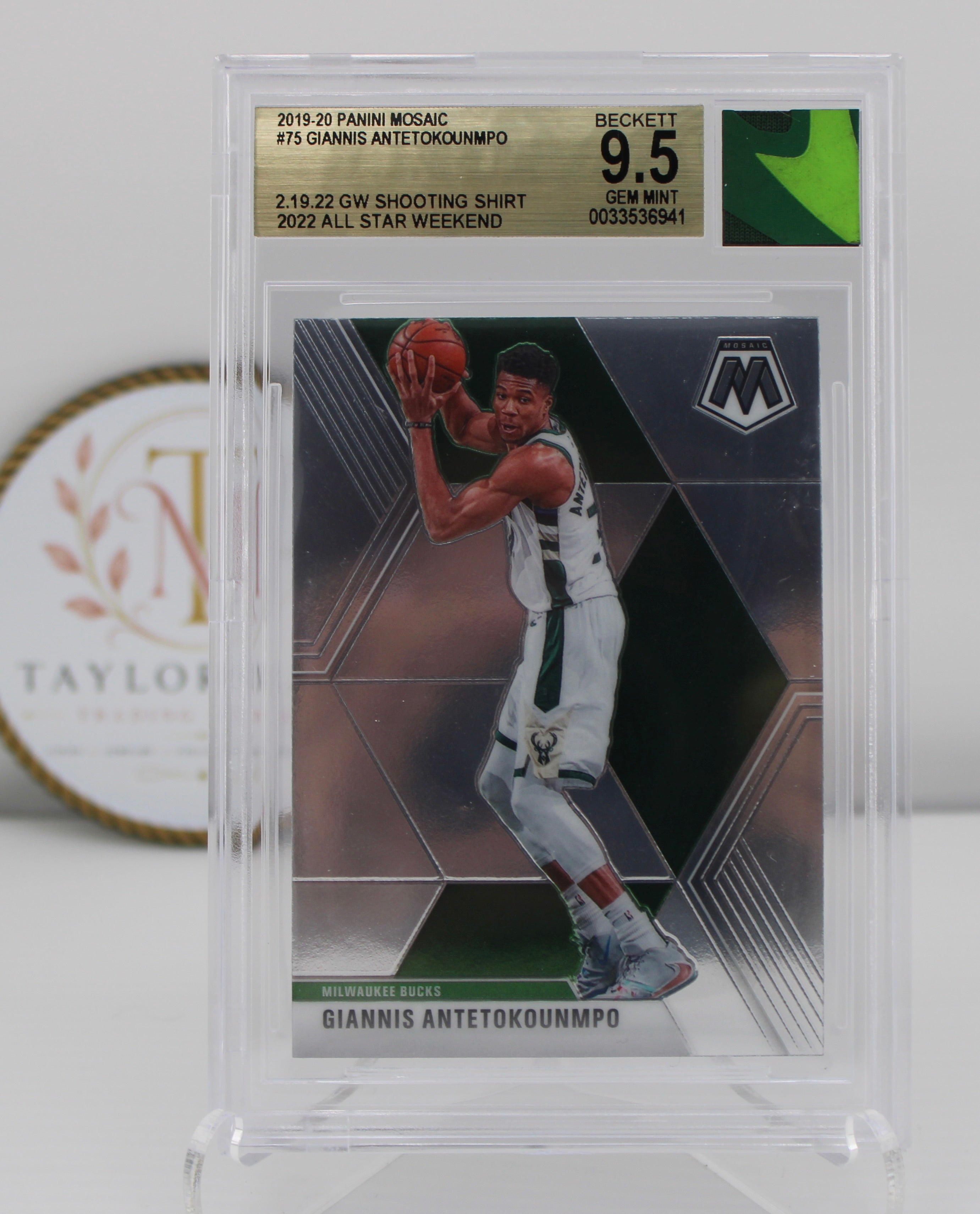 2019-20 Panini Mosaic Giannis Antetokounmpo #75 BGS 9.5 Gem Mint – GW Shooting Shirt 2022 All Star Weekend