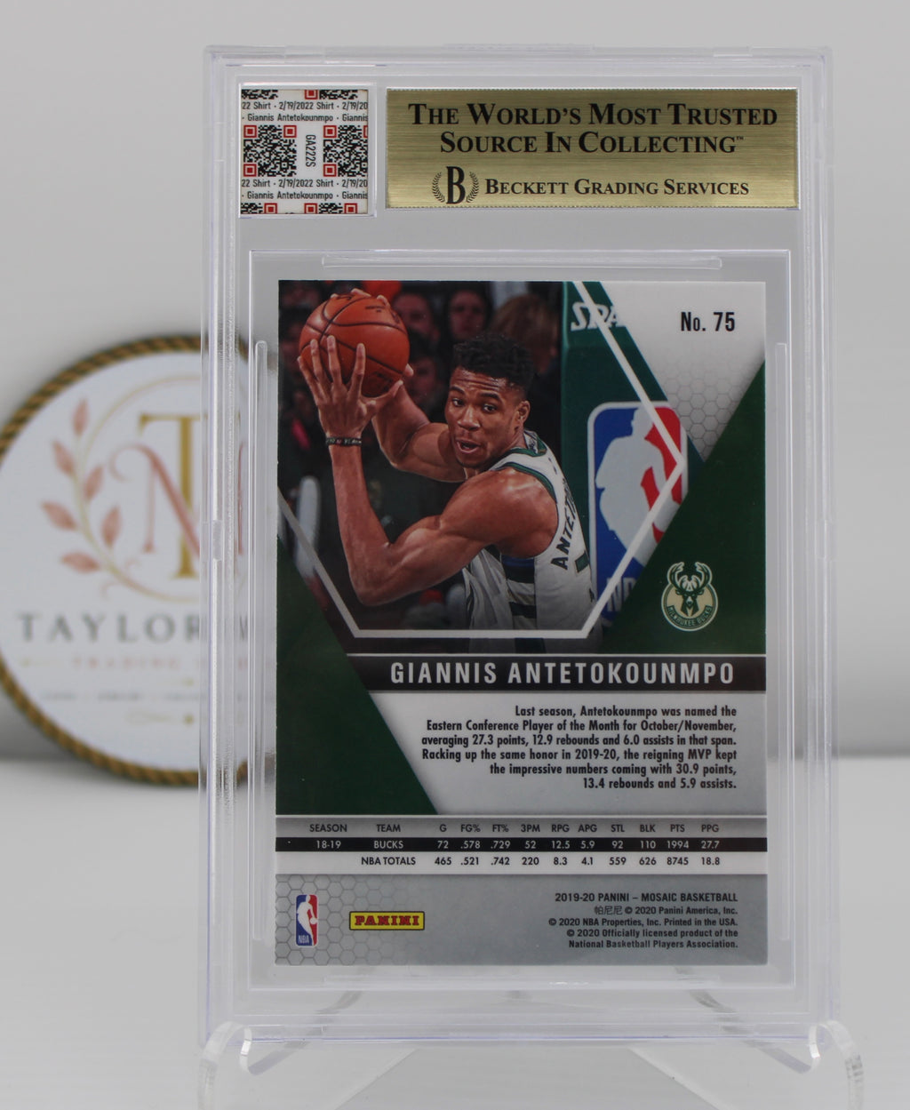 2019-20 Panini Mosaic Giannis Antetokounmpo #75 BGS 9.5 Gem Mint – GW Shooting Shirt 2022 All Star Weekend