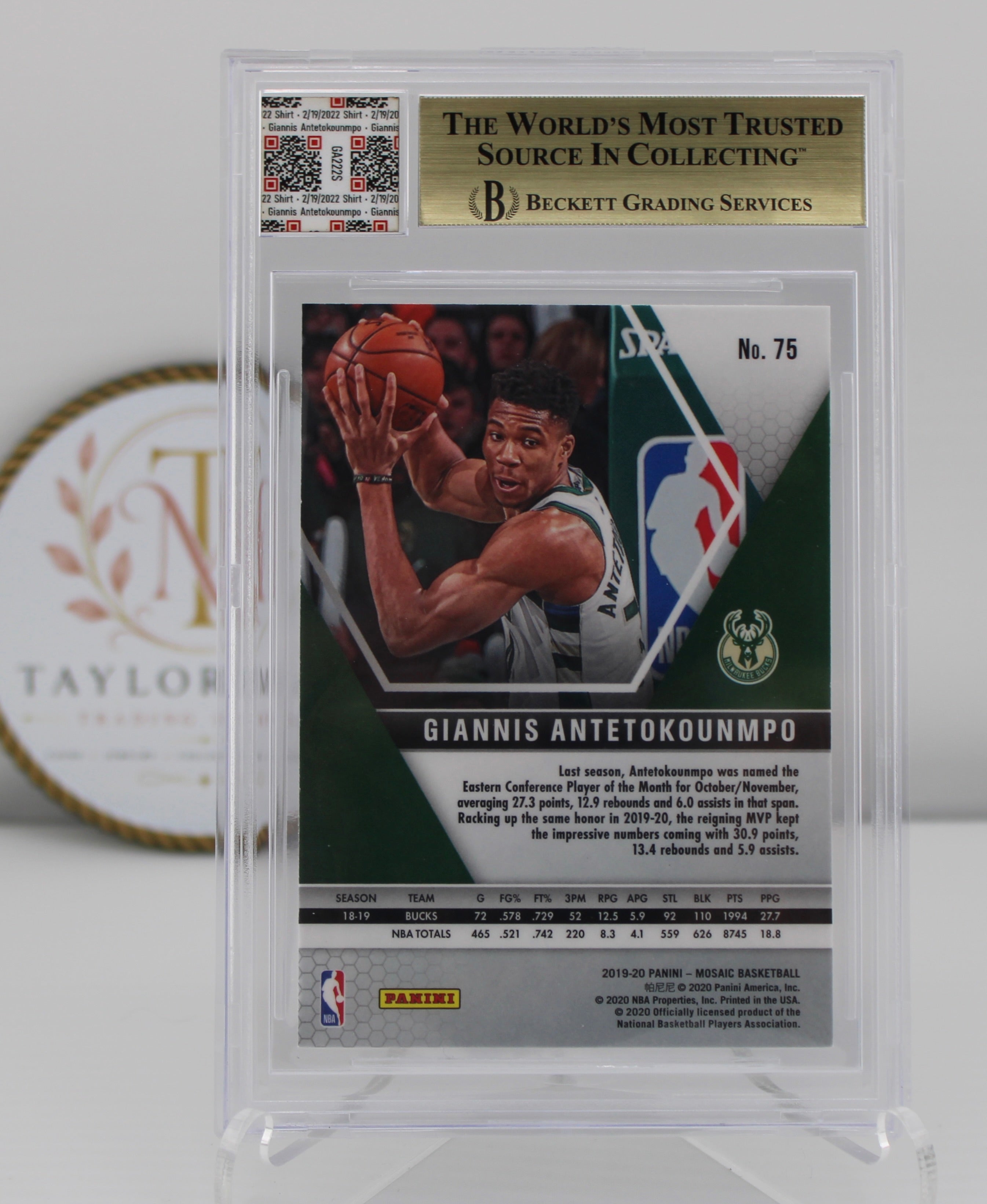 2019-20 Panini Mosaic Giannis Antetokounmpo #75 BGS 9.5 Gem Mint – GW Shooting Shirt 2022 All Star Weekend