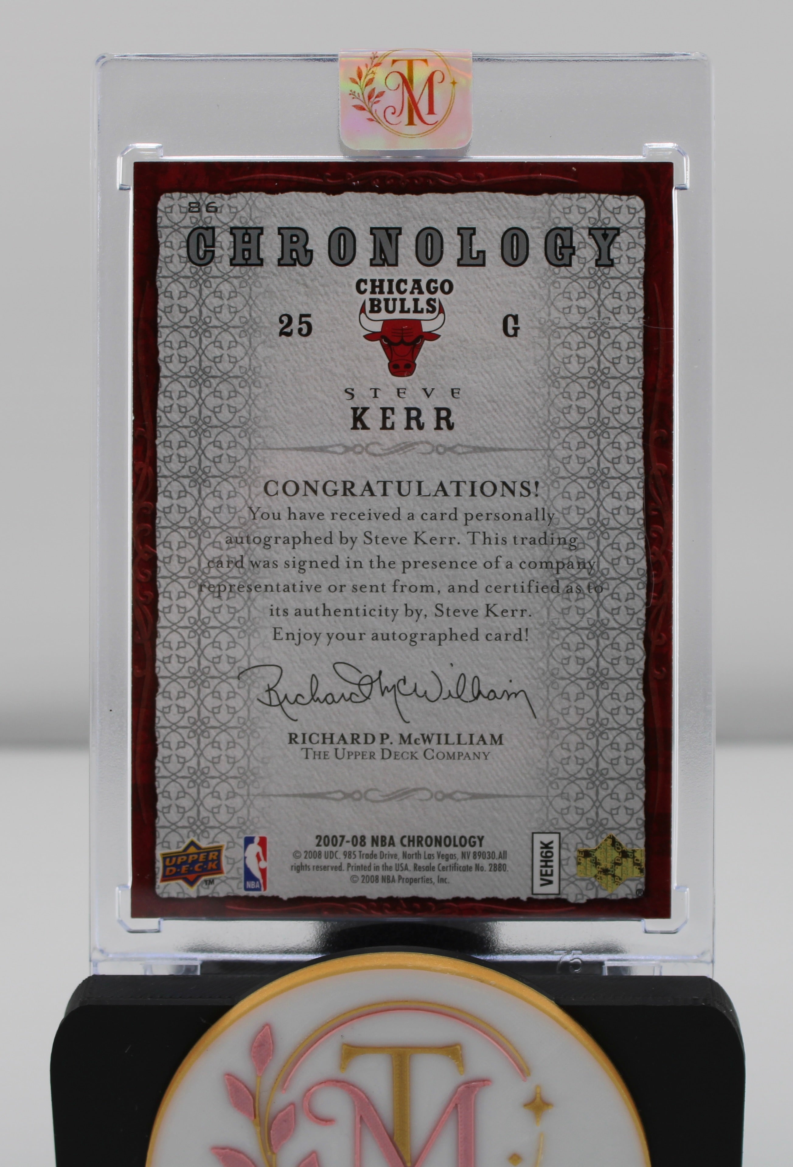 2007-08 Upper Deck Chronology Steve Kerr Autograph Card #86 Chicago Bulls