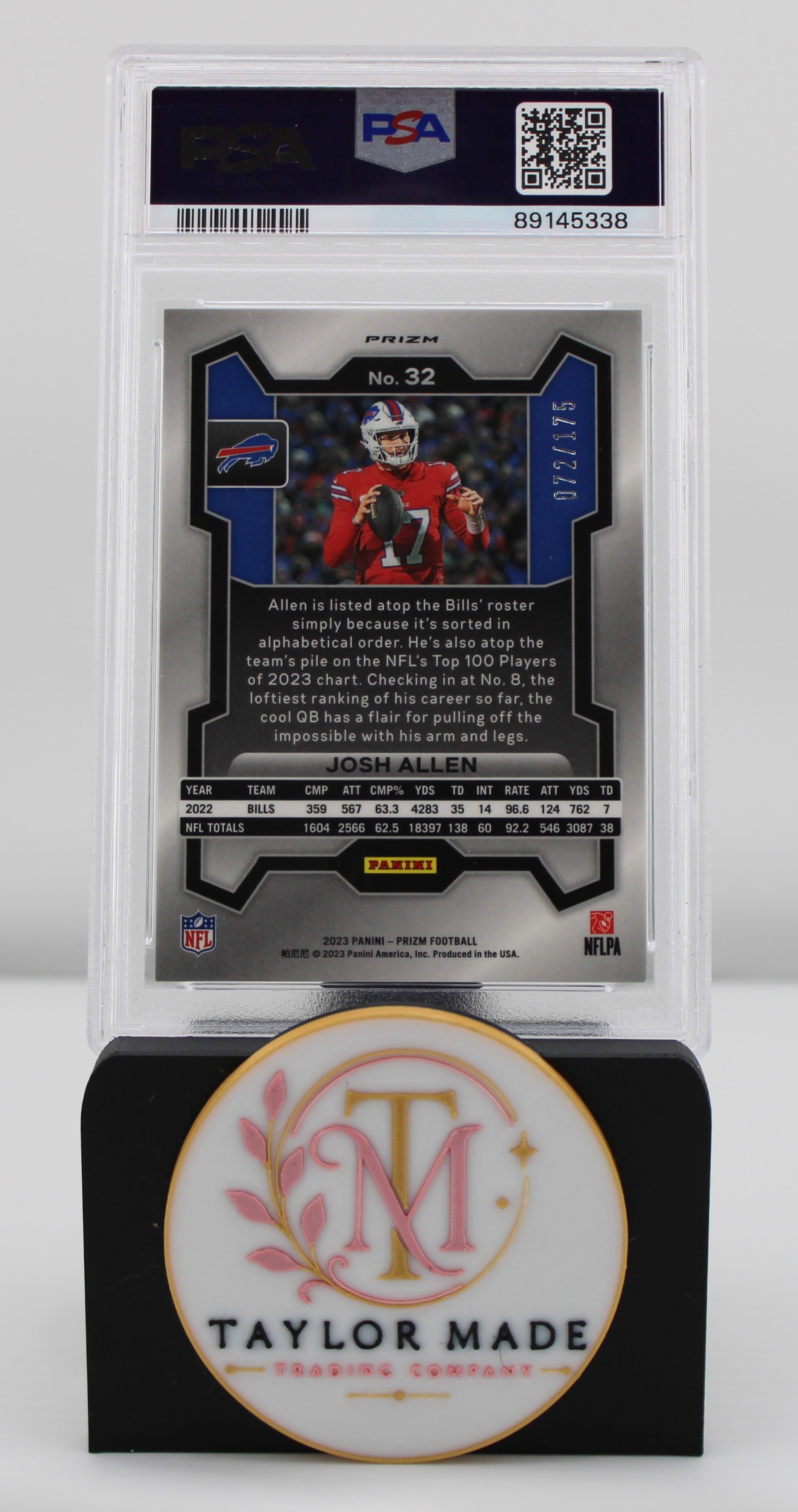 2023 Prizm #32 Josh Allen Hyper /175 PSA GEM MT 10 - Back