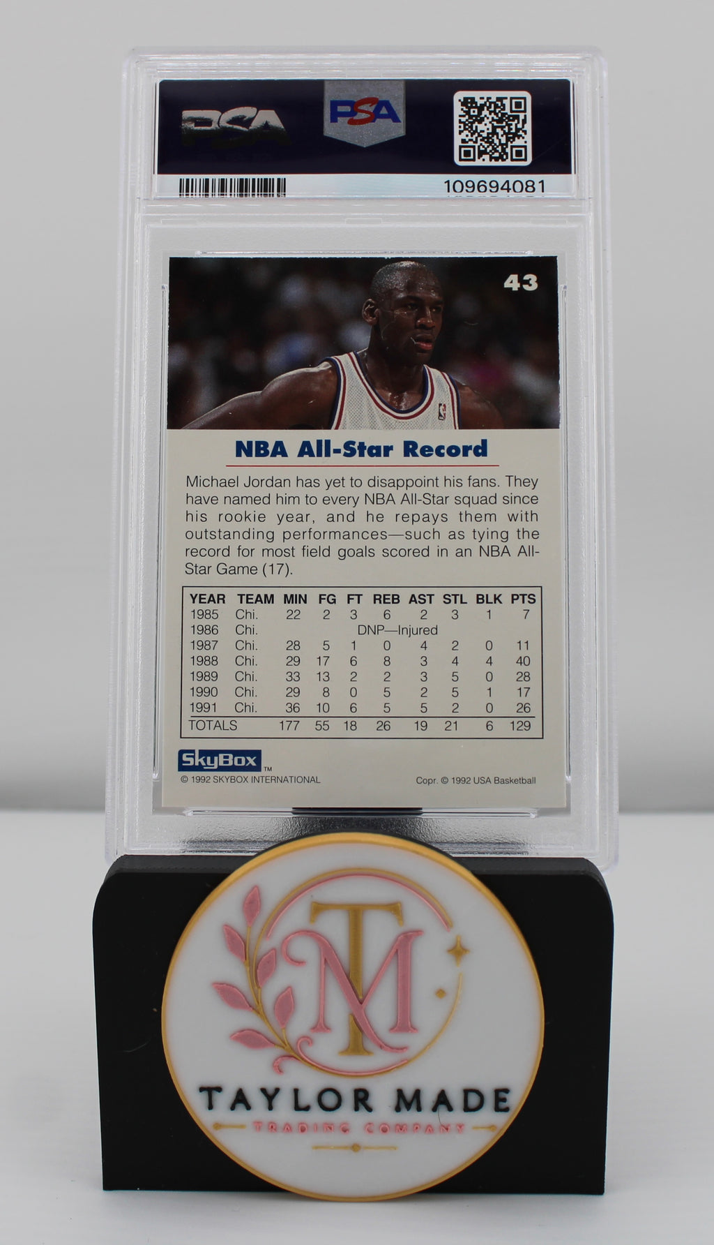 1992 SkyBox #43 Michael Jordan USA Basketball NBA All-Star Record PSA MINT 9 - Back
