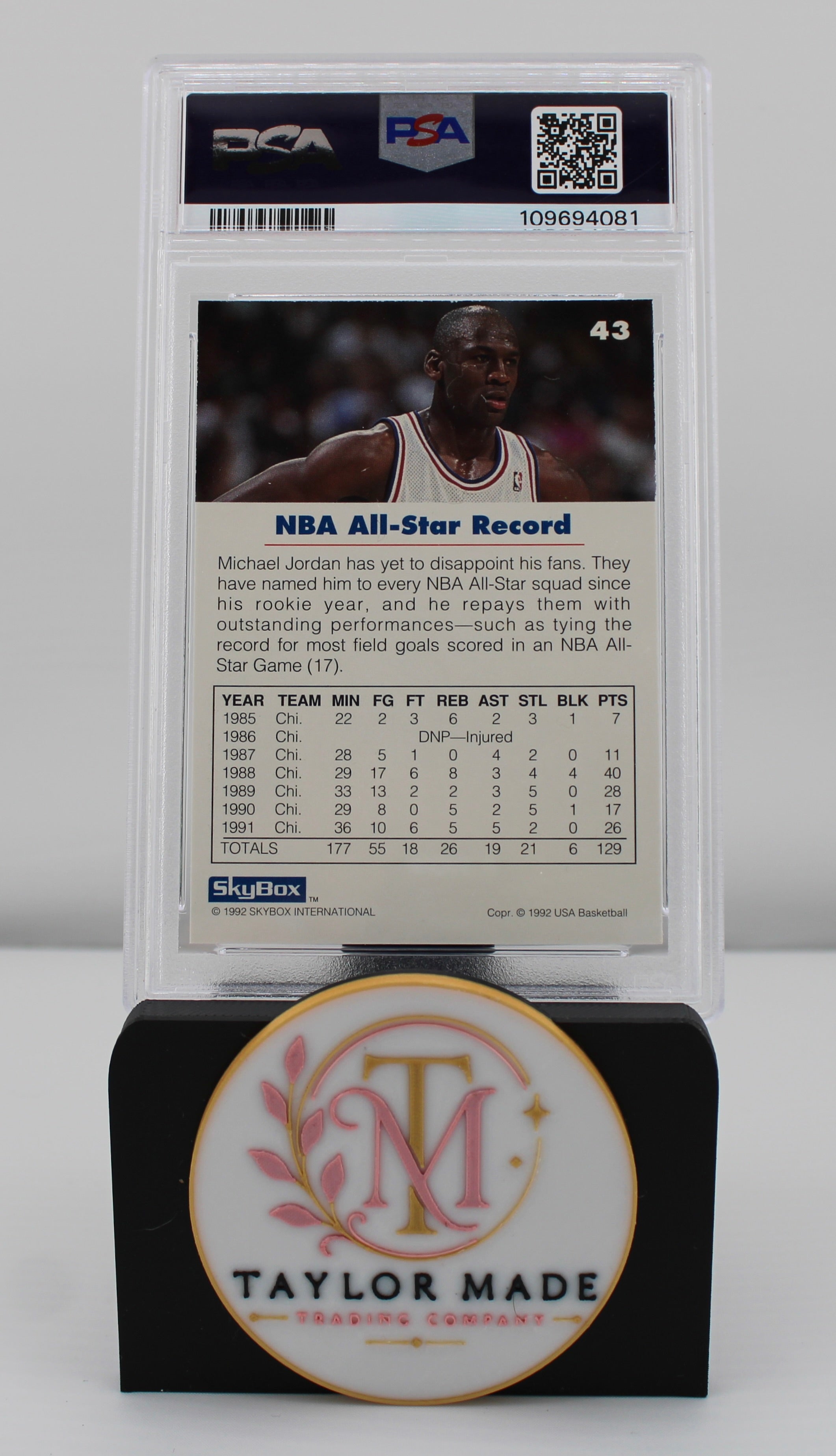 1992 SkyBox #43 Michael Jordan USA Basketball NBA All-Star Record PSA MINT 9 - Back