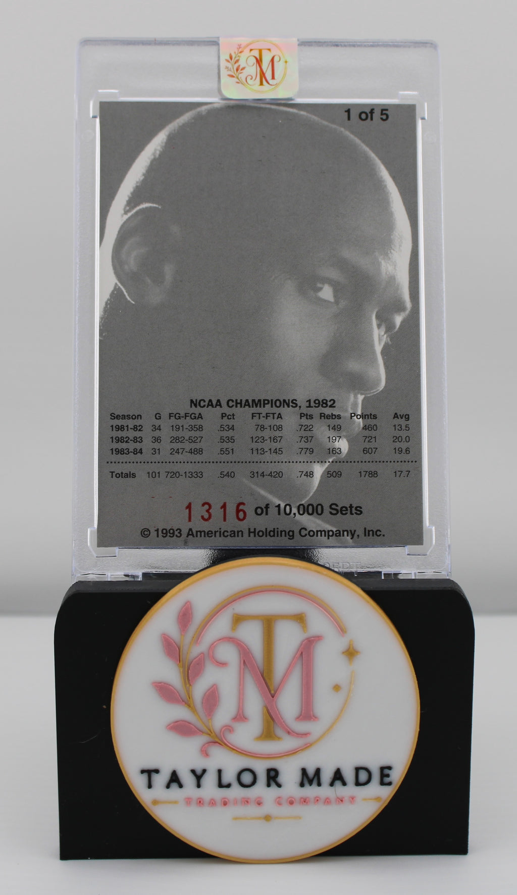 1993 American Holding Company Michael Jordan Card #1 of 5 Set #1316/10000 - Back (NCAA Stats)
