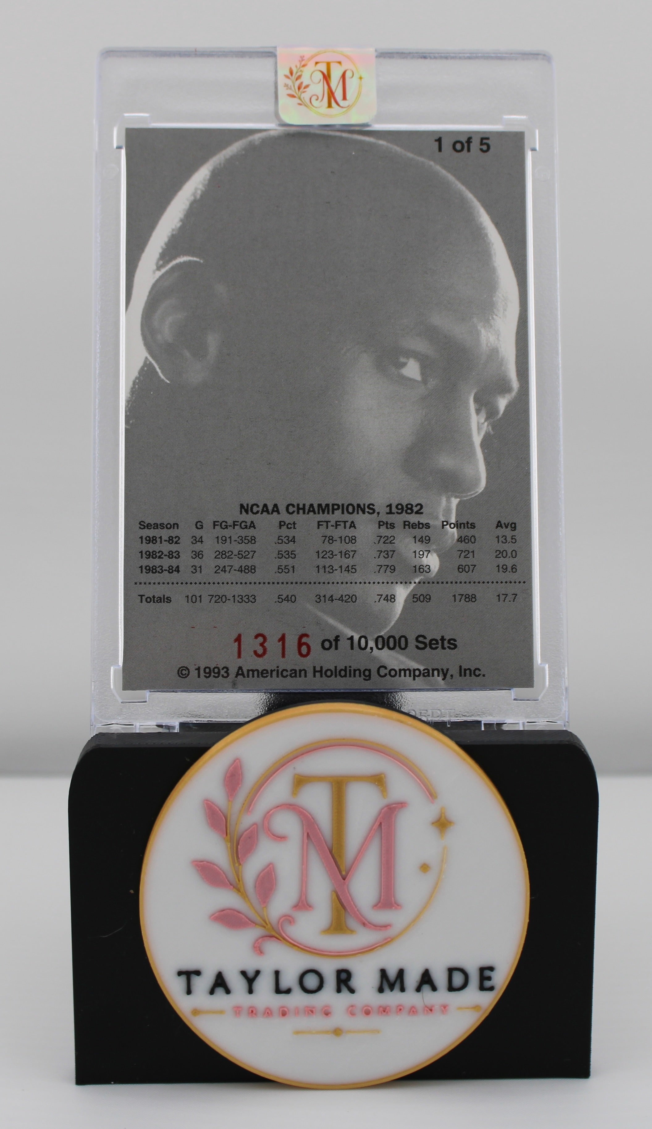 1993 American Holding Company Michael Jordan Card #1 of 5 Set #1316/10000 - Back (NCAA Stats)