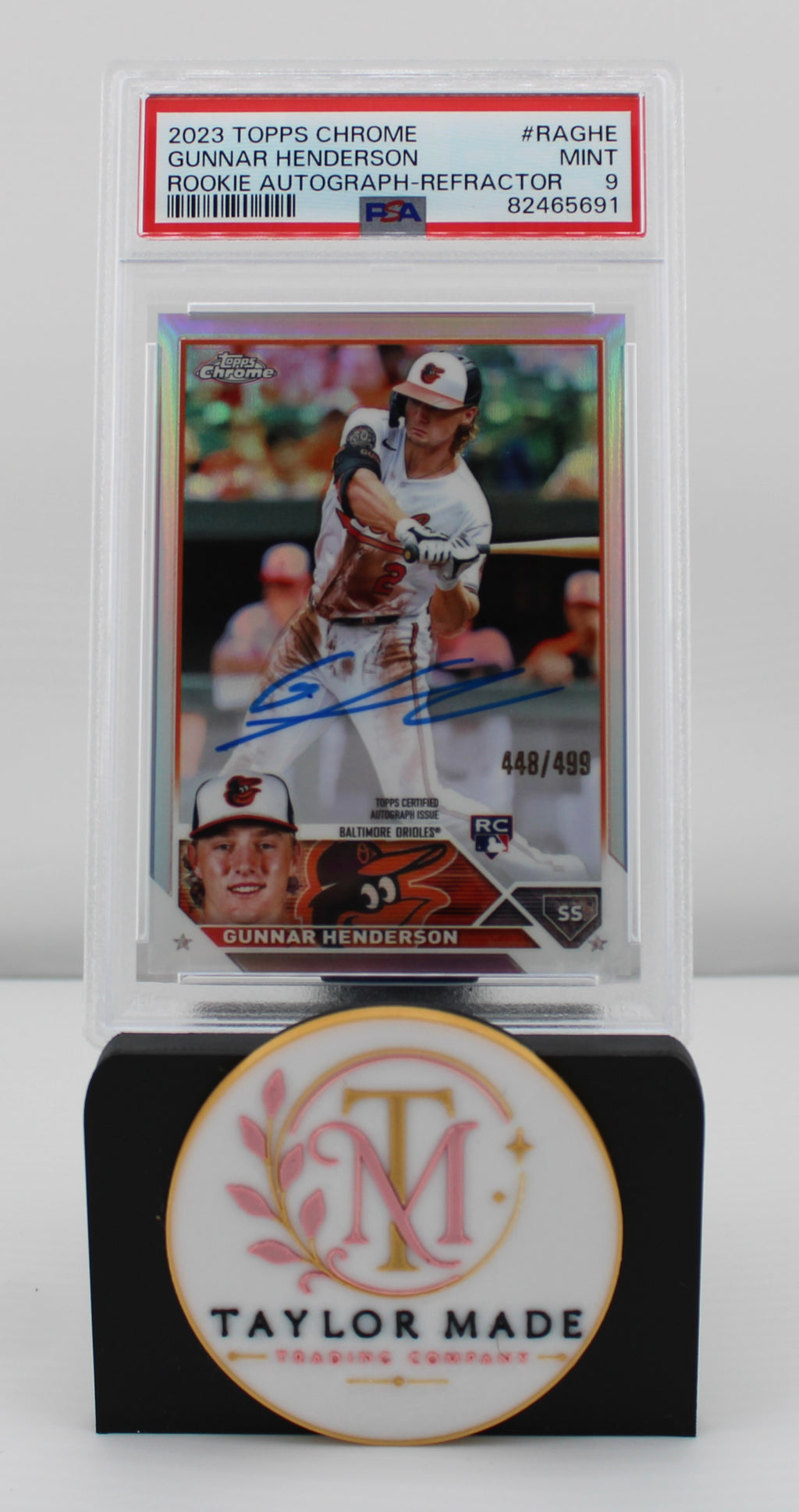 Gunnar Henderson 2023 Topps Chrome Rookie Auto Refractor #RA-GHE 448/499 PSA 9 - Front