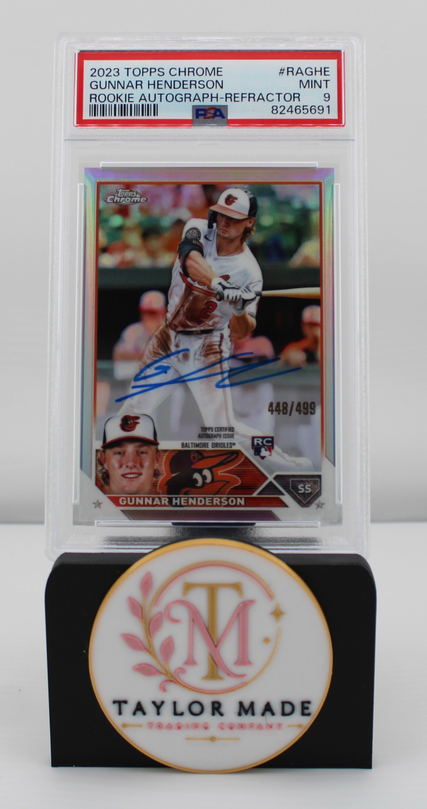 Gunnar Henderson 2023 Topps Chrome Rookie Auto Refractor #RA-GHE 448/499 PSA 9 - Front