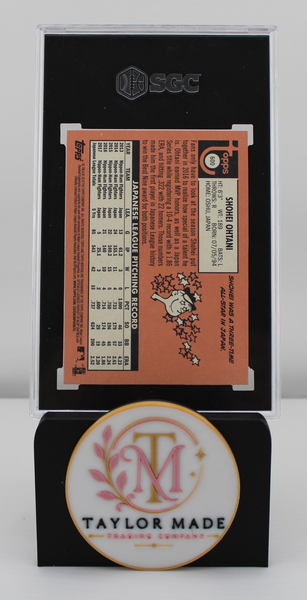 Shohei Ohtani 2018 Topps Heritage #600 Rookie Card SGC 10 GM - Back