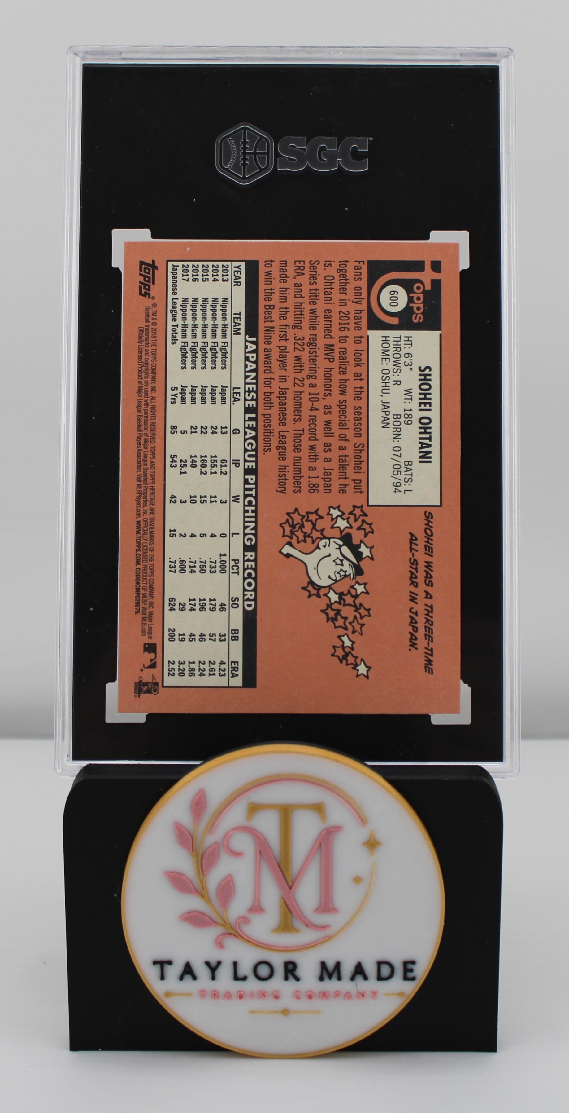 Shohei Ohtani 2018 Topps Heritage #600 Rookie Card SGC 10 GM - Back
