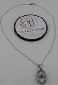 Art Deco Sterling Silver Camphor Glass Filigree Pendant Necklace - Full view with brand display
