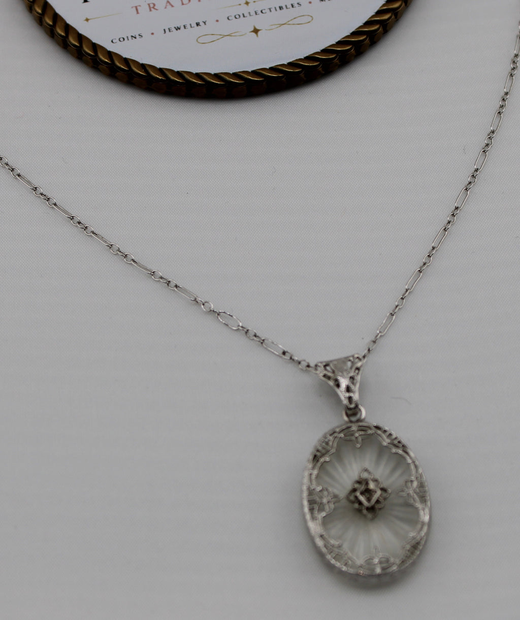 Art Deco Sterling Silver Camphor Glass Filigree Pendant Necklace - Close up pendant detail