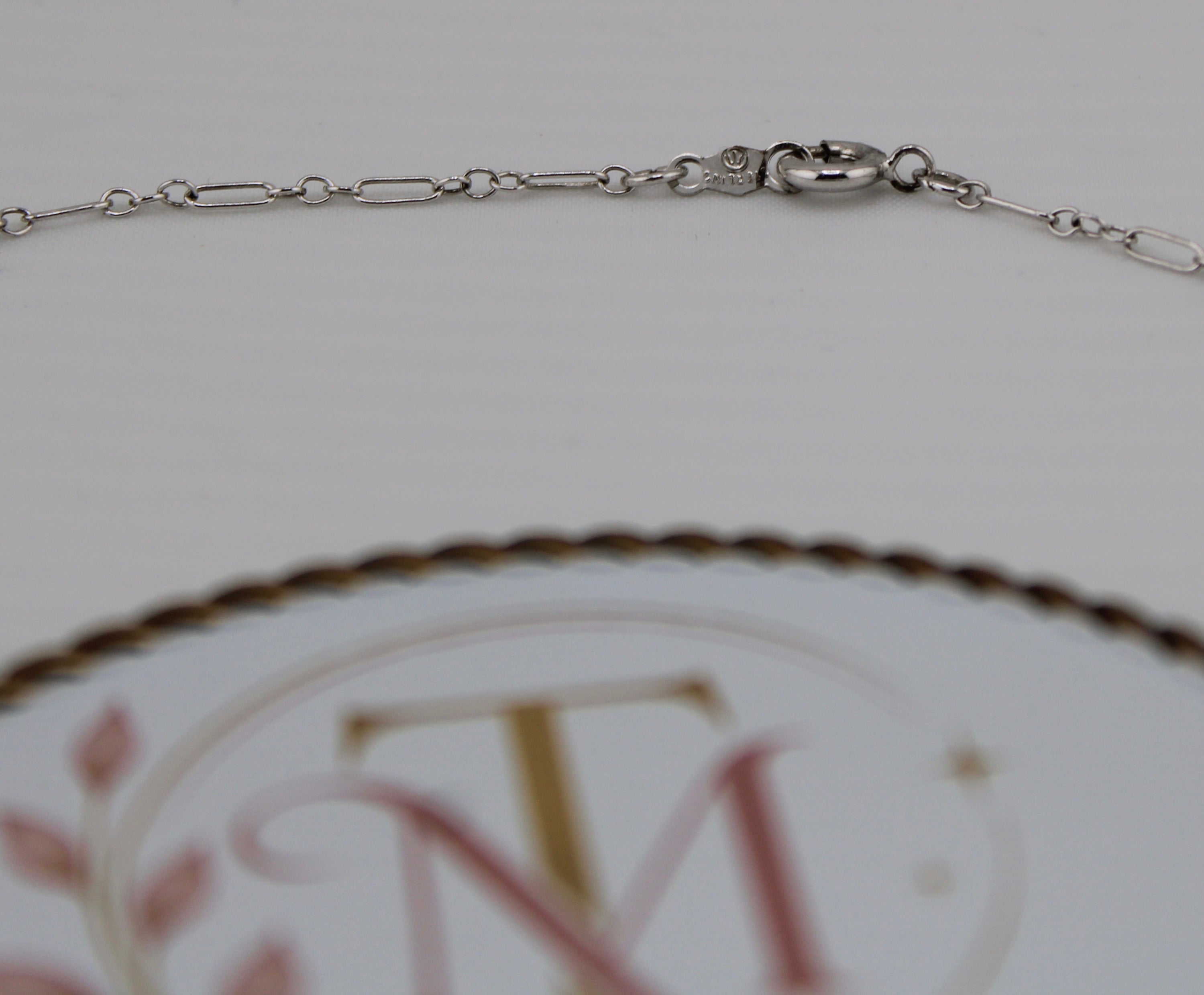 Art Deco Sterling Silver Camphor Glass Filigree Pendant Necklace - Lobster clasp close up