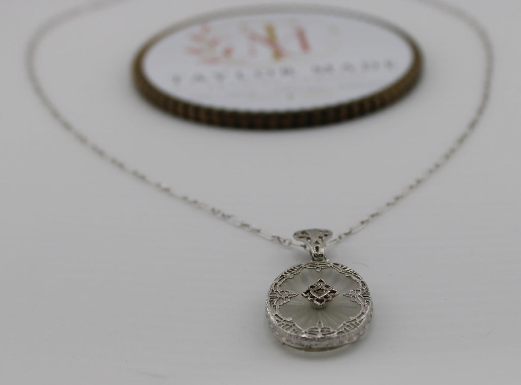 Art Deco Sterling Silver Camphor Glass Filigree Pendant Necklace - Round pendant full view