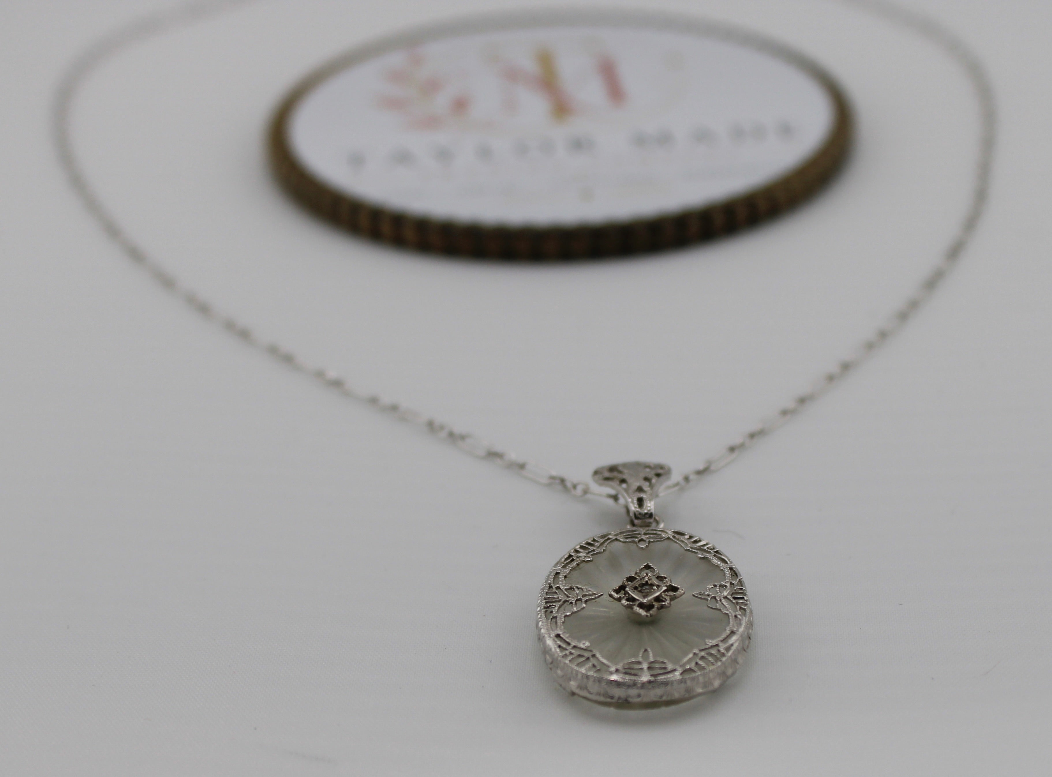 Art Deco Sterling Silver Camphor Glass Filigree Pendant Necklace - Round pendant full view
