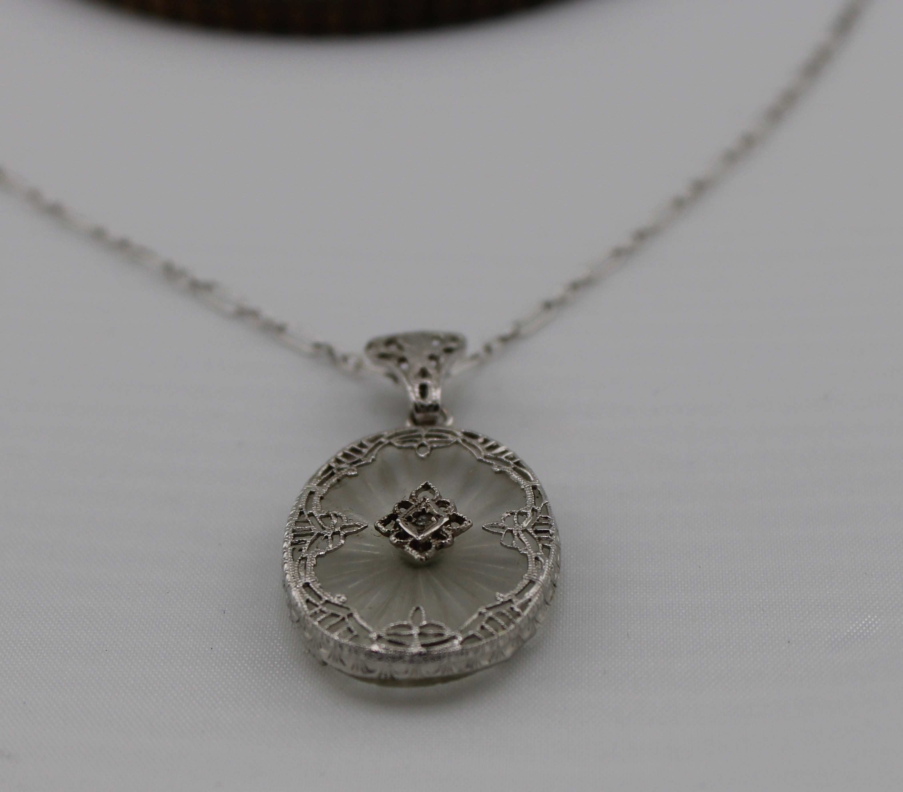 Art Deco Sterling Silver Camphor Glass Filigree Pendant Necklace - Round pendant close up