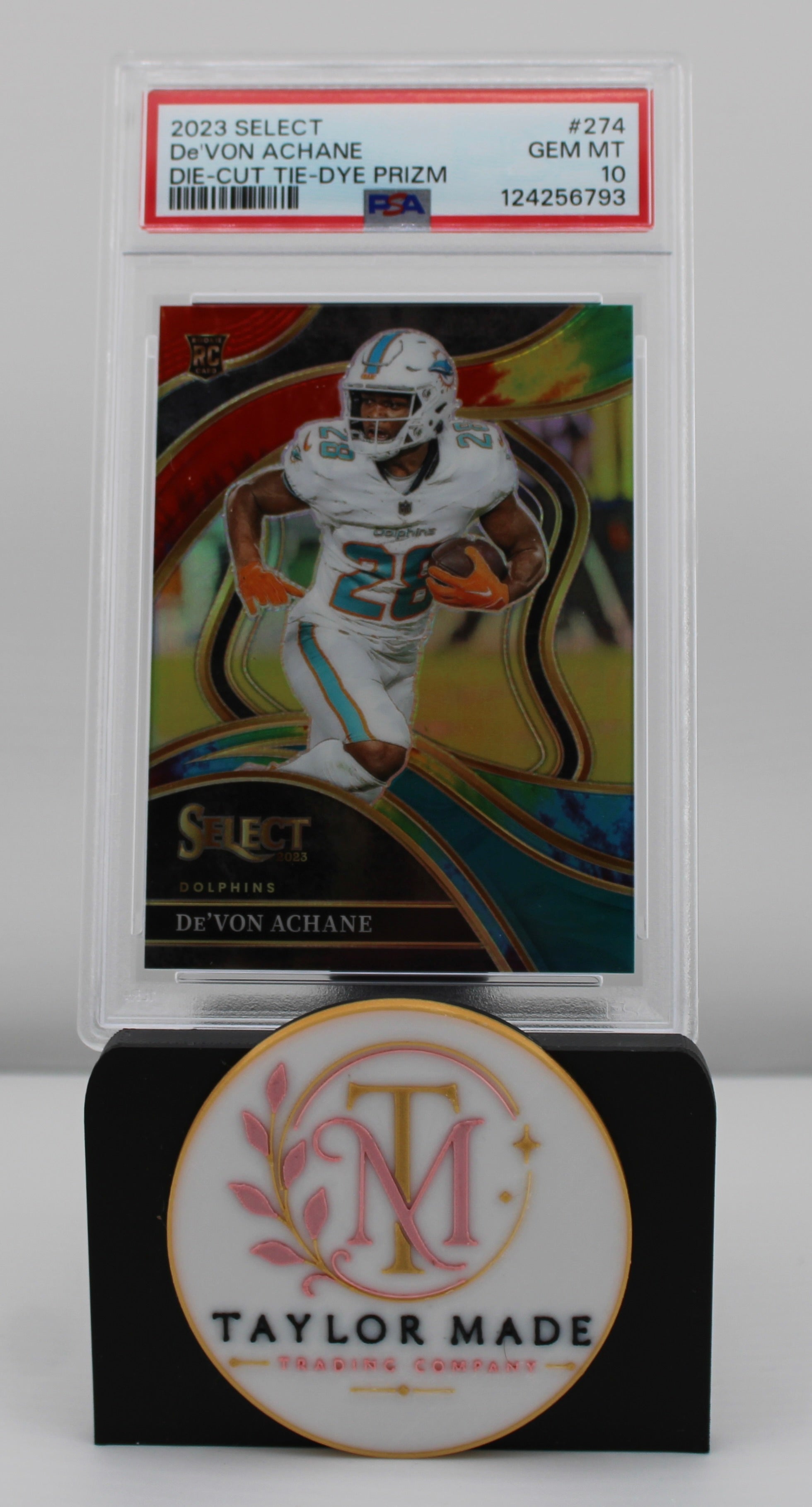 2023 Panini Select #274 De'Von Achane Die-Cut Tie-Dye Prizm PSA 10 /25 - Card front