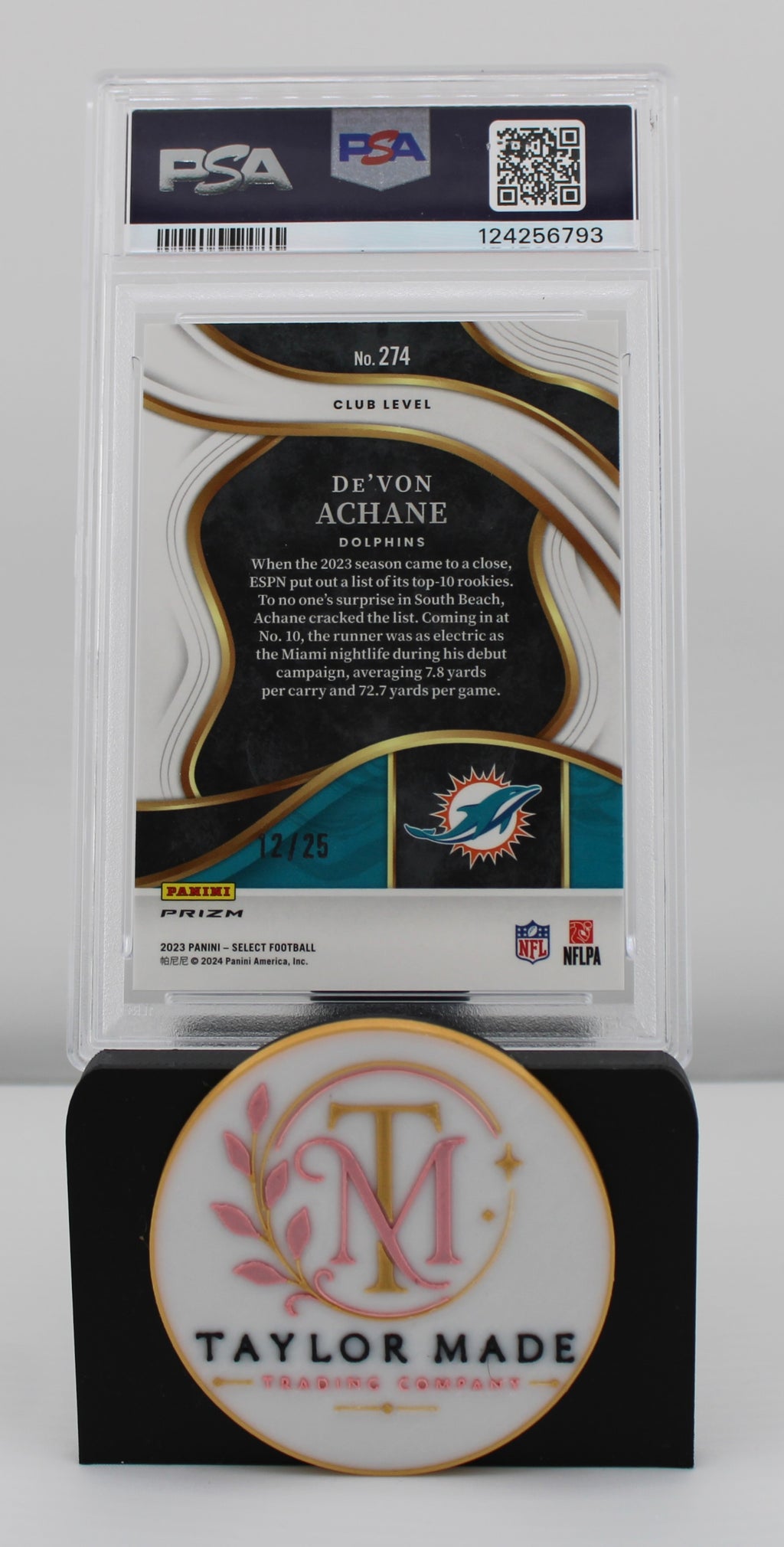2023 Panini Select #274 De'Von Achane Die-Cut Tie-Dye Prizm PSA 10 /25 - Card back numbered 12/25