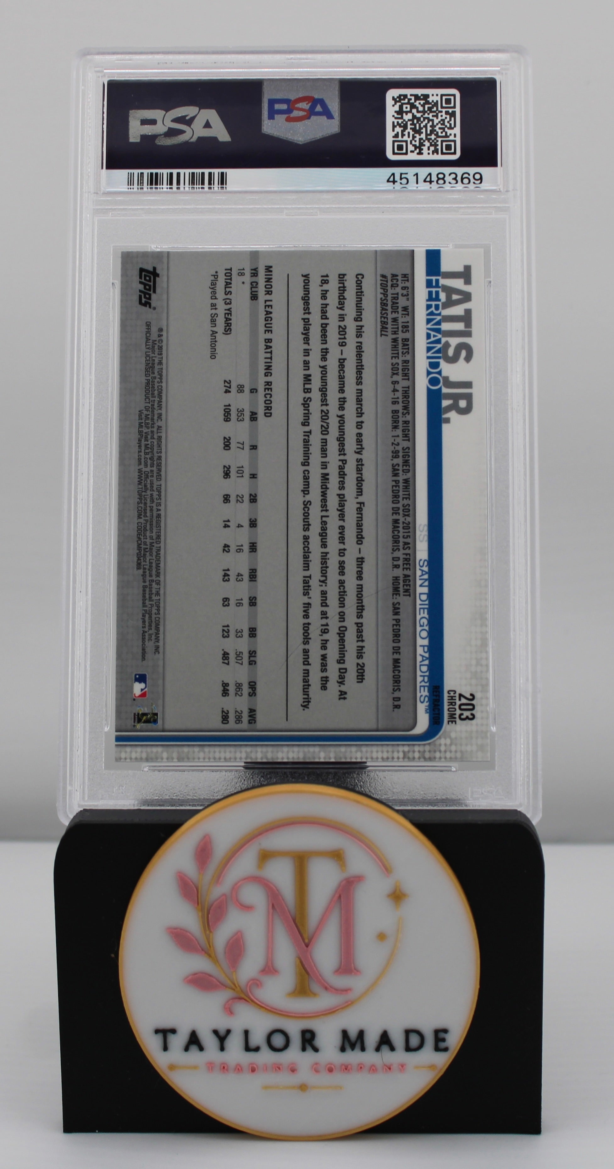 2019 Topps Chrome #203 Fernando Tatis Jr. Refractor PSA 9 - Card back with minor league stats