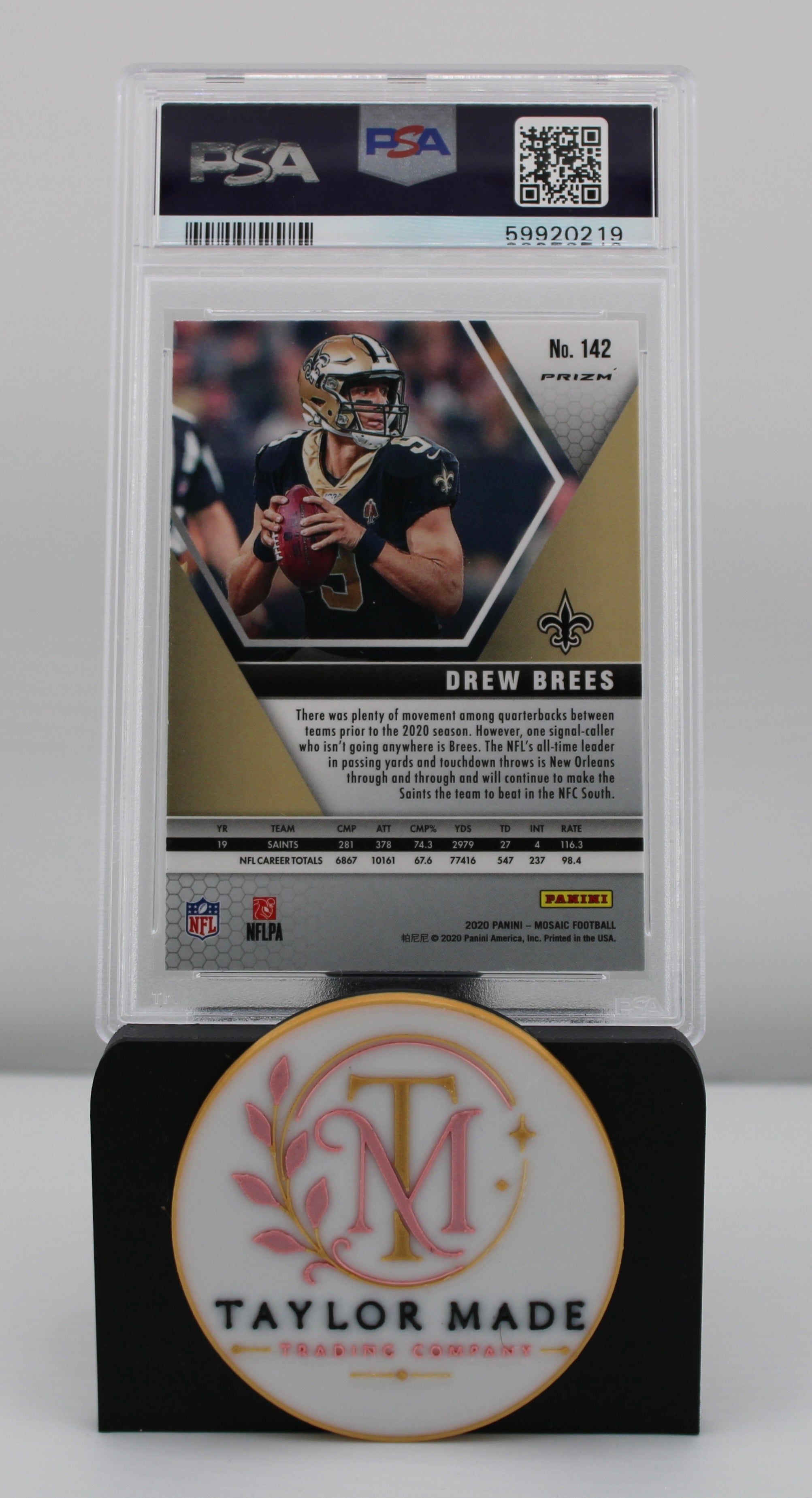 2020 Panini Mosaic #142 Drew Brees Mosaic Prizm PSA 9 - Card back with career stats
