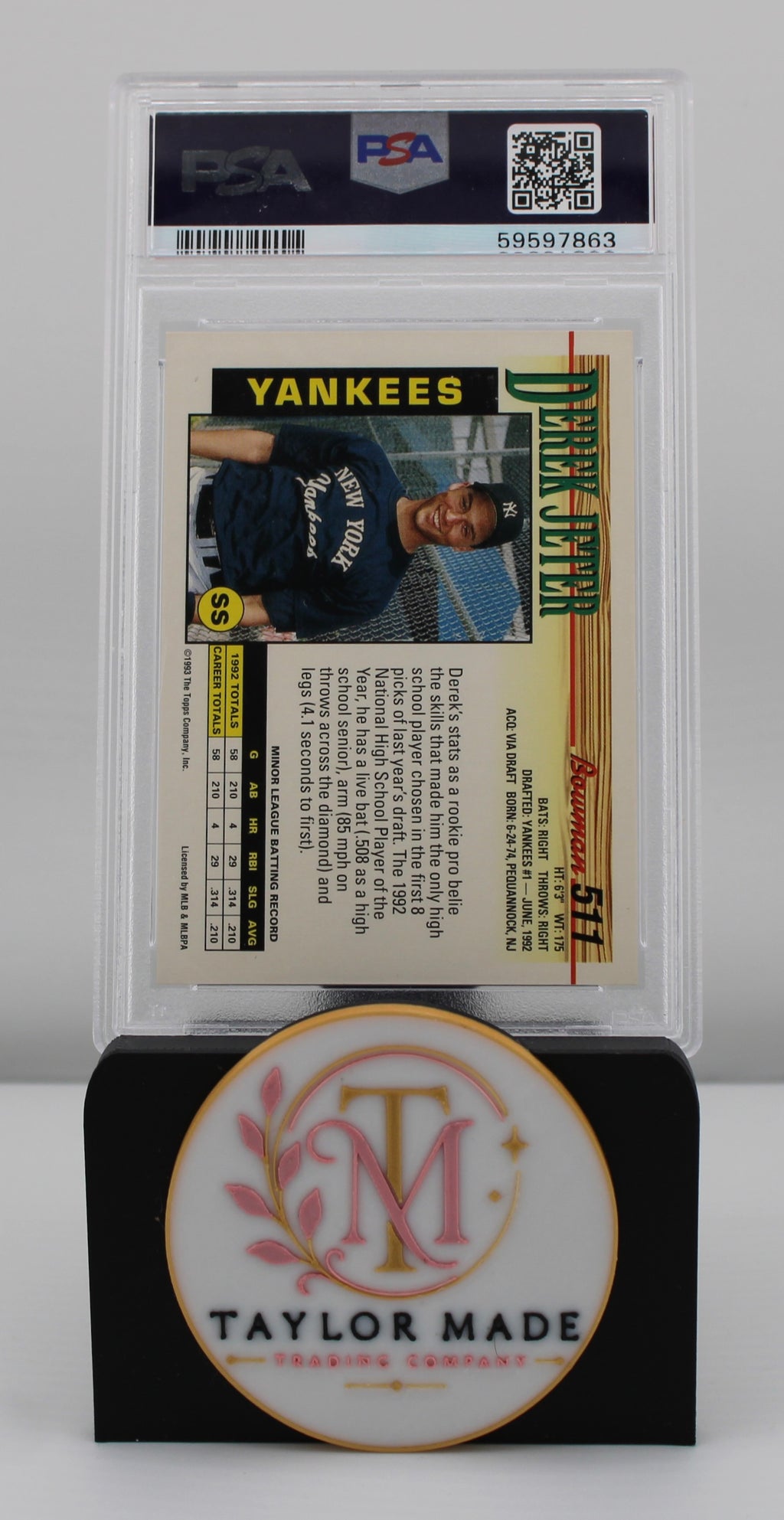 1993 Bowman #511 Derek Jeter PSA 9 MINT - Card back with stats