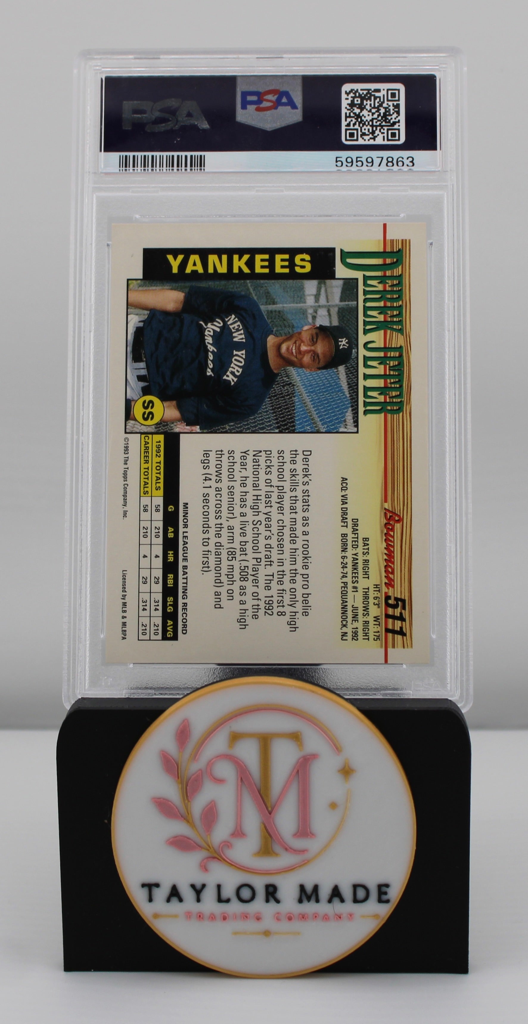 1993 Bowman #511 Derek Jeter PSA 9 MINT - Card back with stats