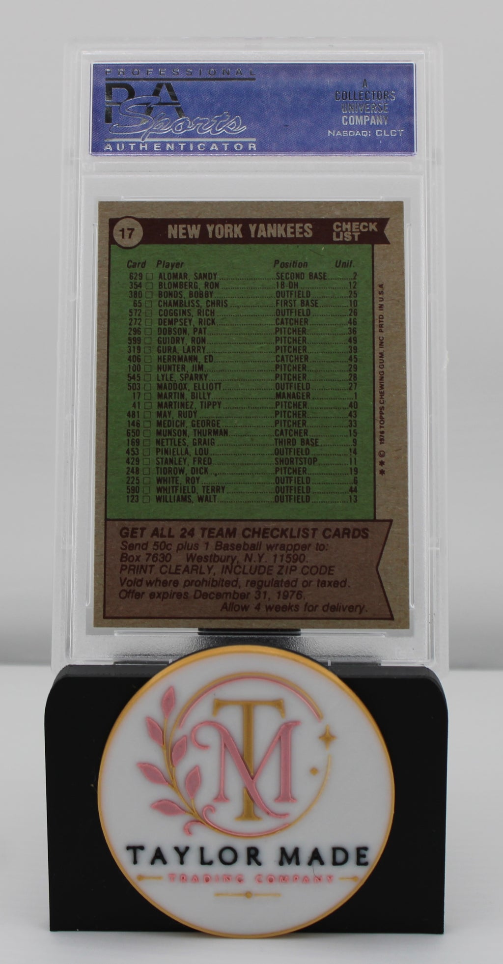 1976 Topps New York Yankees Team Card #17 PSA 8 NM-MT - Card back checklist