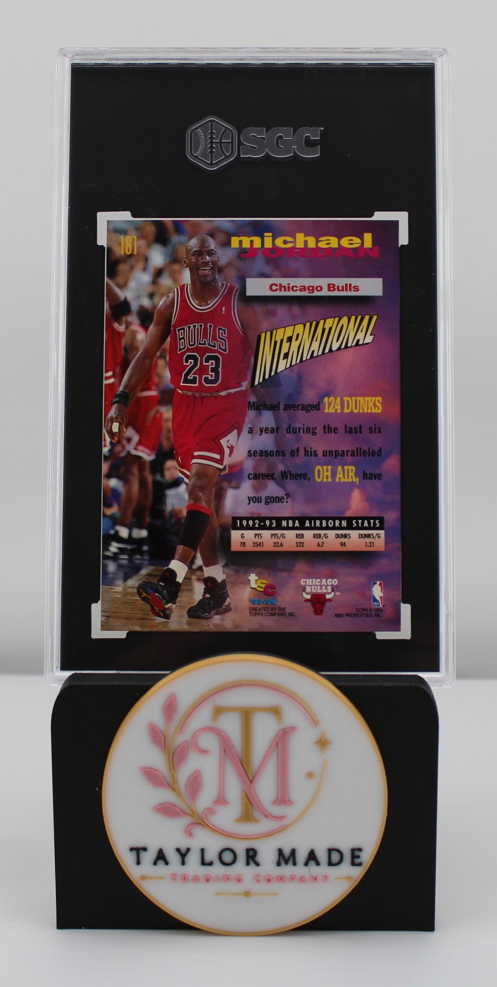 1993-94 Topps Stadium Club #181 Michael Jordan Frequent Flyers SGC 9 - Card back with Airborn Stats