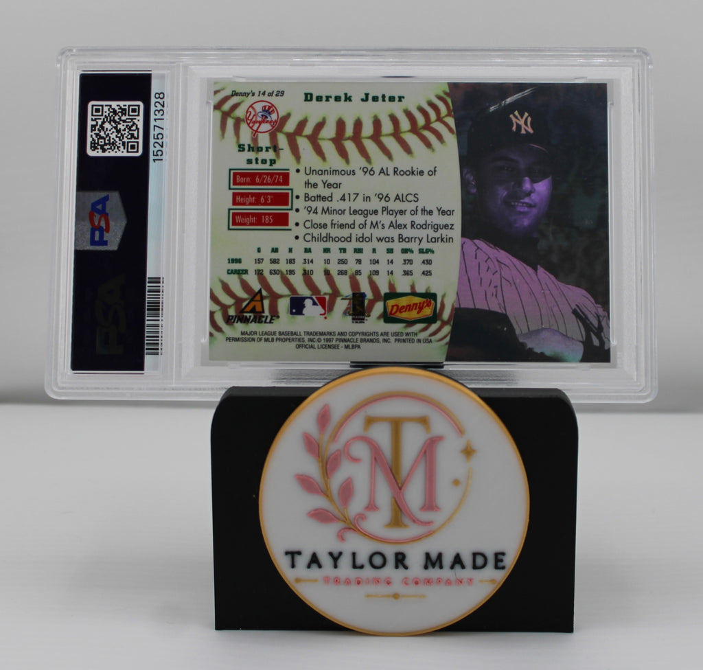 1997 Denny's #14 Derek Jeter 3-D Hologram PSA 9 - Card back with holographic stats and highlights