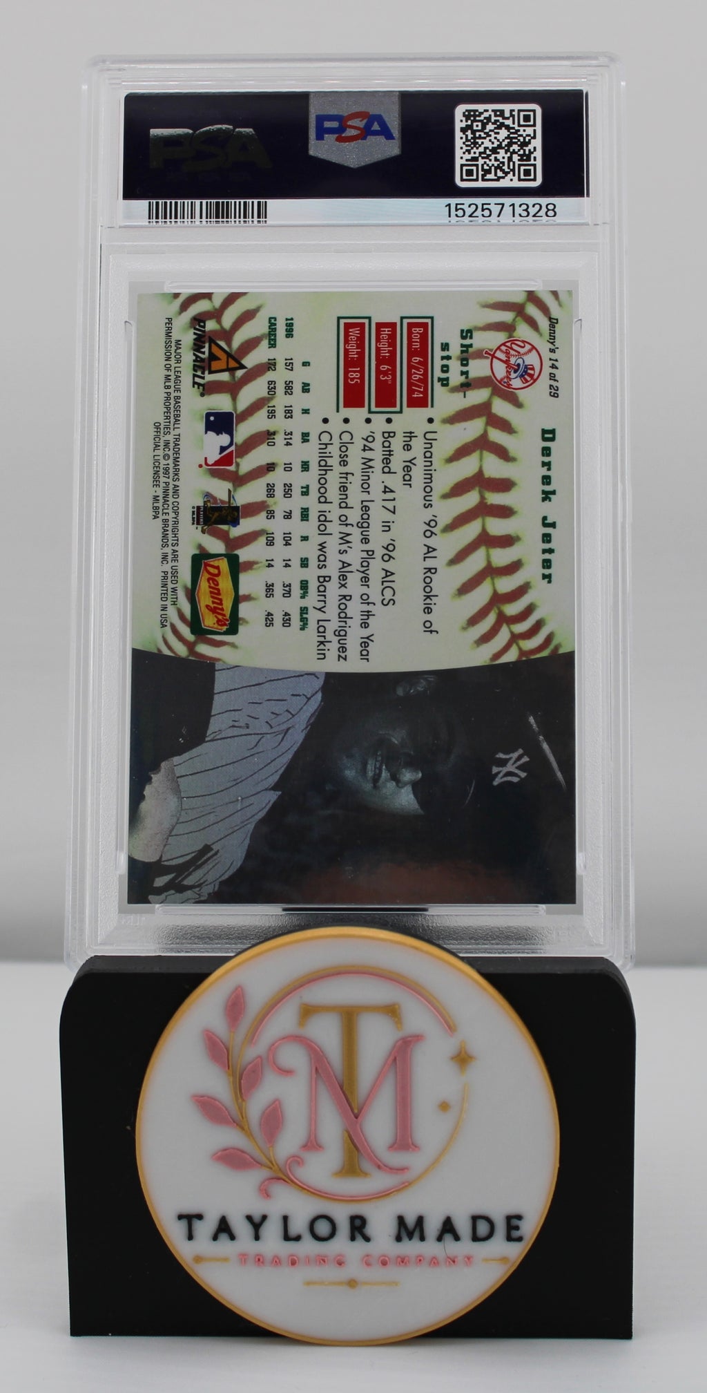 1997 Denny's #14 Derek Jeter 3-D Hologram PSA 9 - Card back alternate angle showing UV hologram portrait