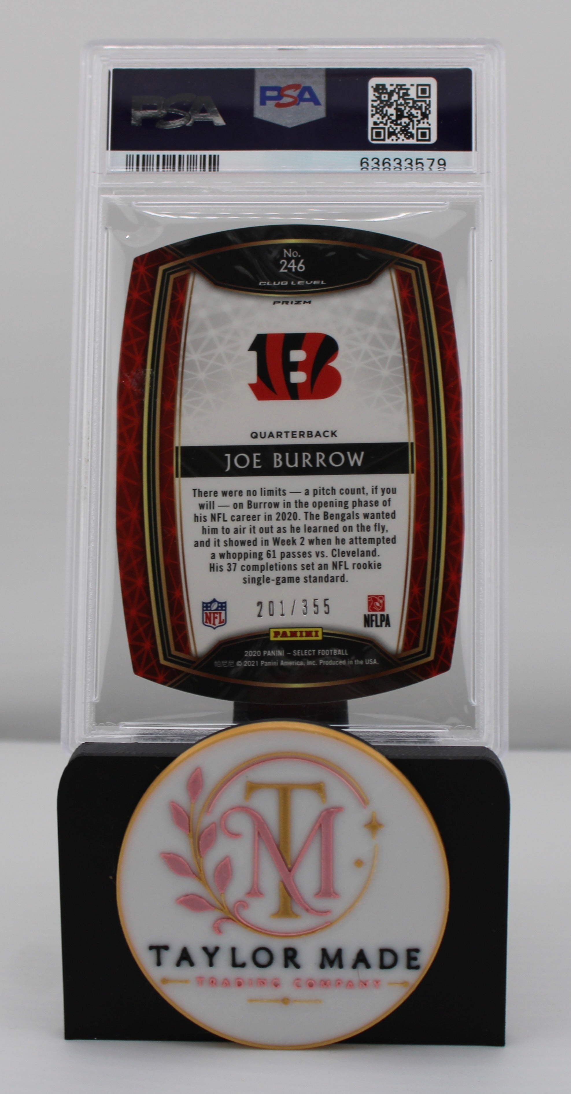 2020 Panini Select #246 Joe Burrow Die-Cut Copper Prizm PSA 9 /355 - Card back numbered 201/355