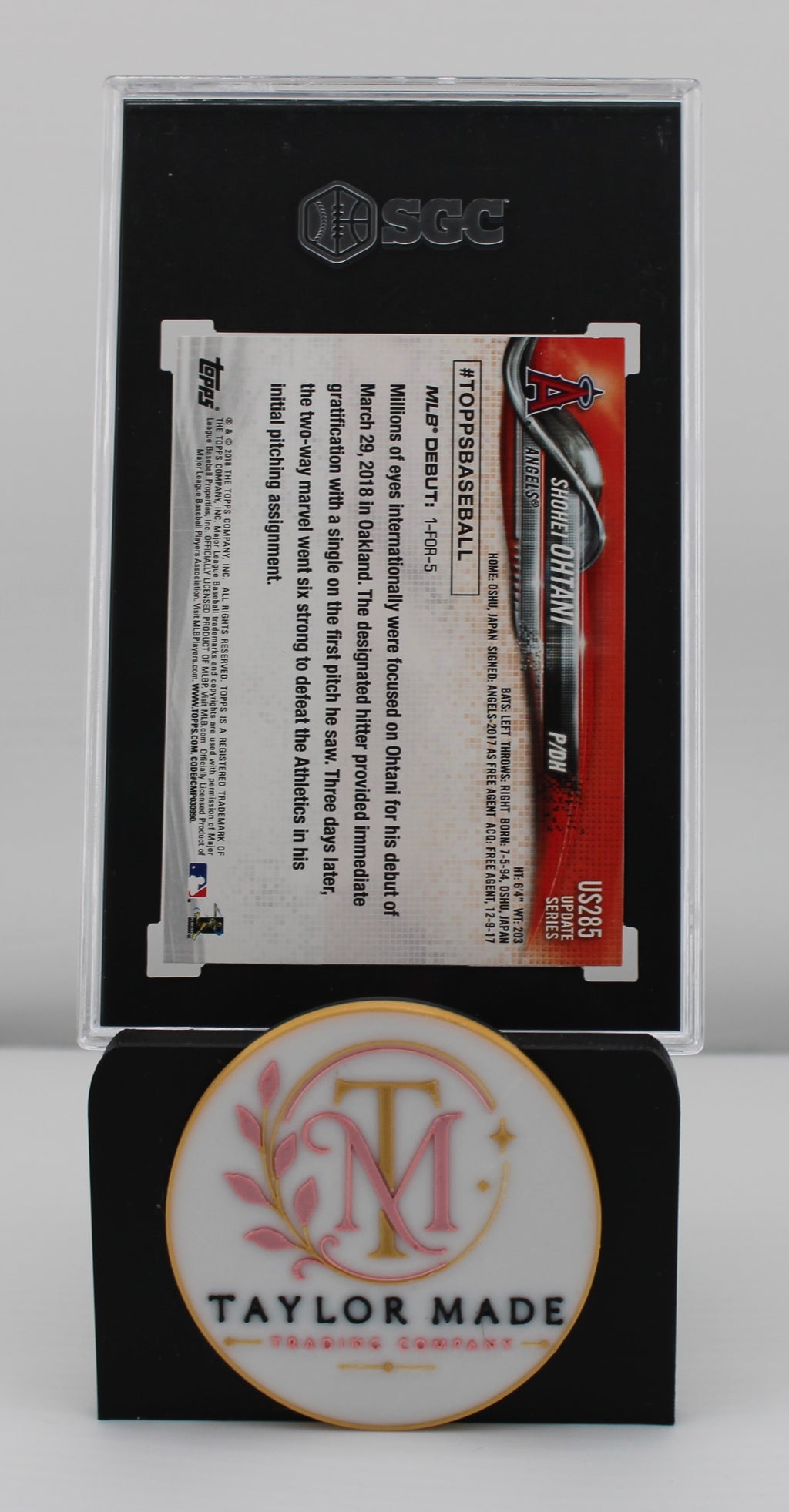 2018 Topps Update #US285 Shohei Ohtani Rookie Debut SGC 10 - Card back with debut story