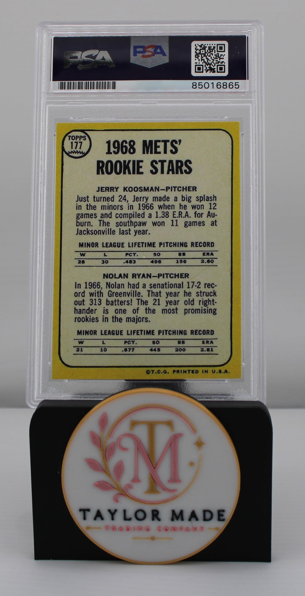 1968 Topps #177 Mets Rookie Stars Reprint Dual Signed Ryan Koosman PSA/DNA 10 - Card back with original 1968 stats