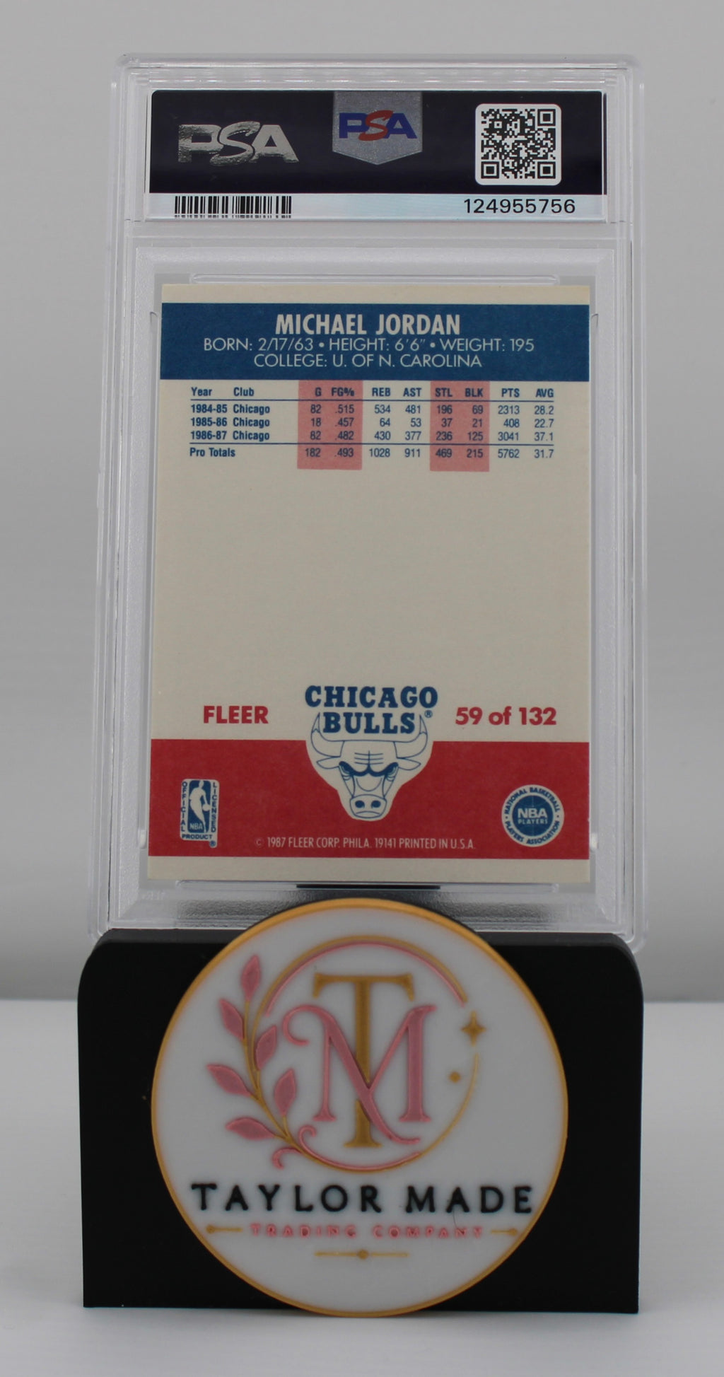 1987-88 Fleer #59 Michael Jordan PSA 8 NM-MT Chicago Bulls - Card back with career stats and PSA label