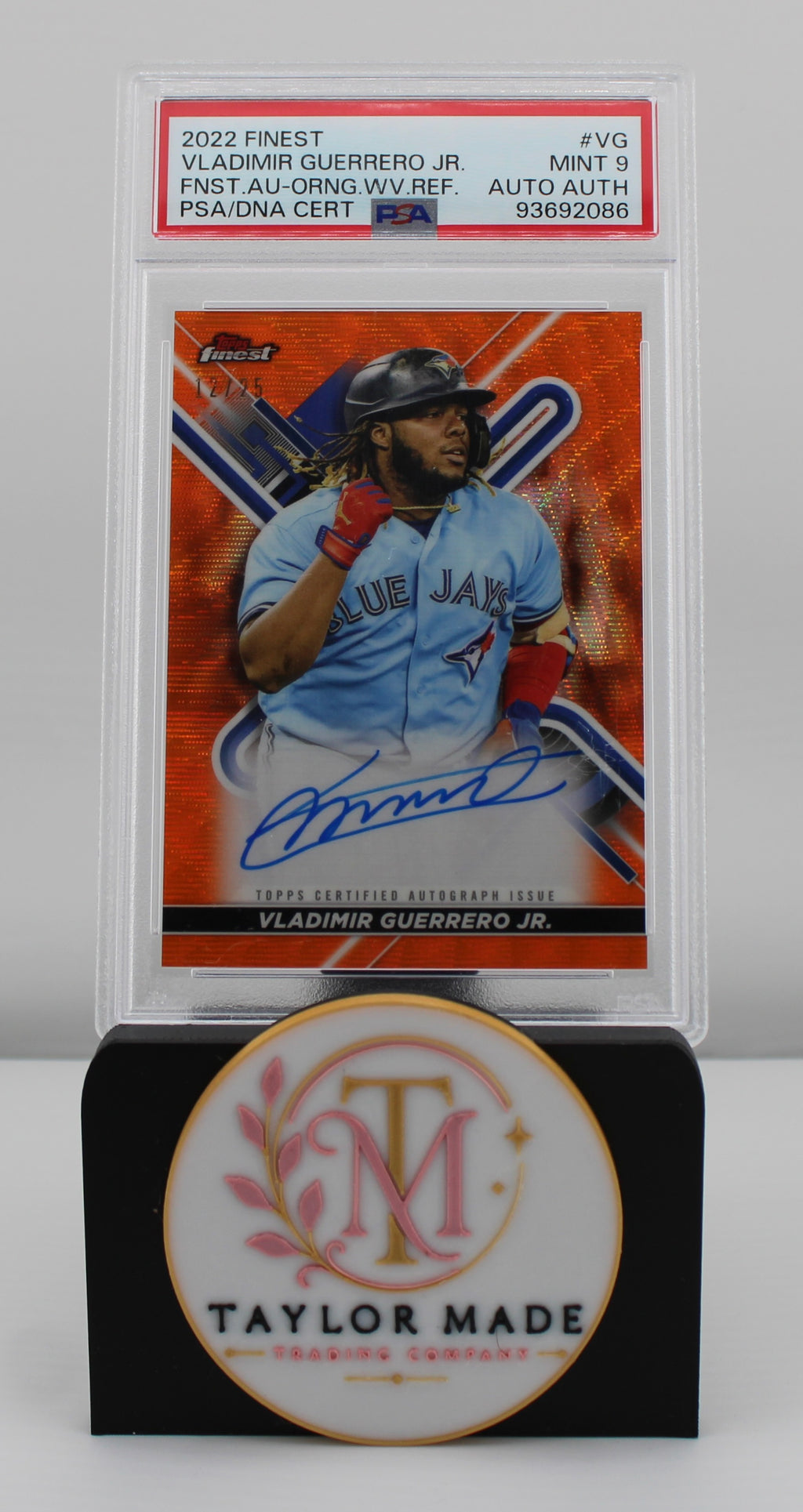 2022 Topps Finest #FA-VG Vladimir Guerrero Jr. Orange Wave Refractor Auto PSA 9 /75 - Card front with blue ink autograph