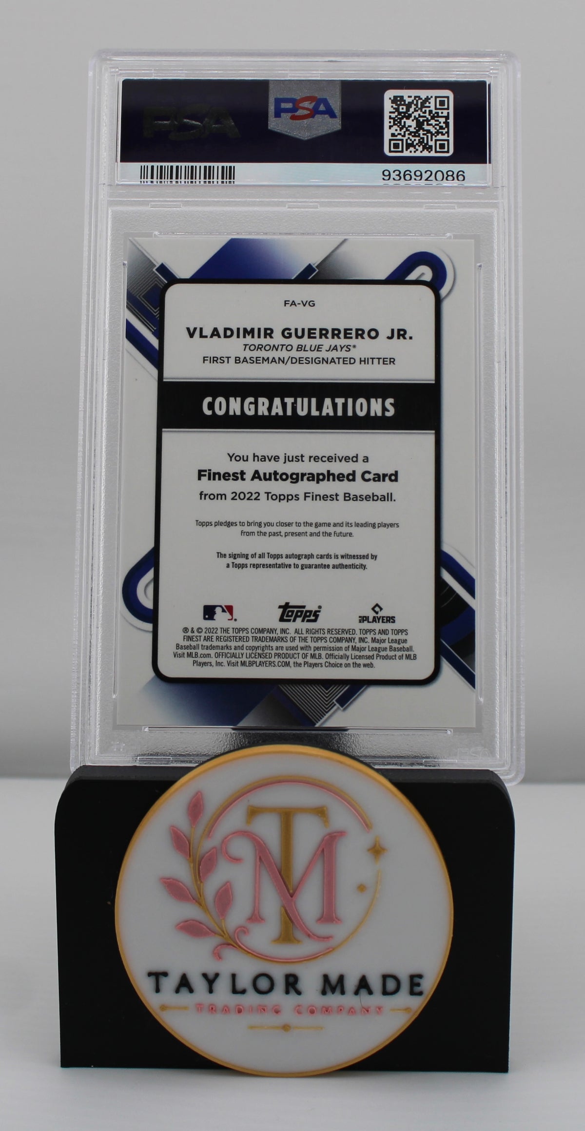2022 Topps Finest #FA-VG Vladimir Guerrero Jr. Orange Wave Refractor Auto PSA 9 /75 - Card back with PSA label and congratulations text