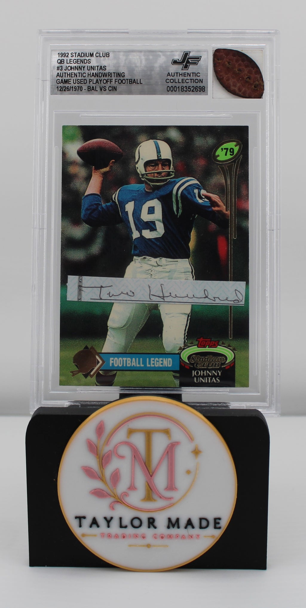 1992 Topps Stadium Club #3 Johnny Unitas QB Legends Authentic Handwriting Game Used Playoff Football JF Authentic - Card front with handwriting and football swatch