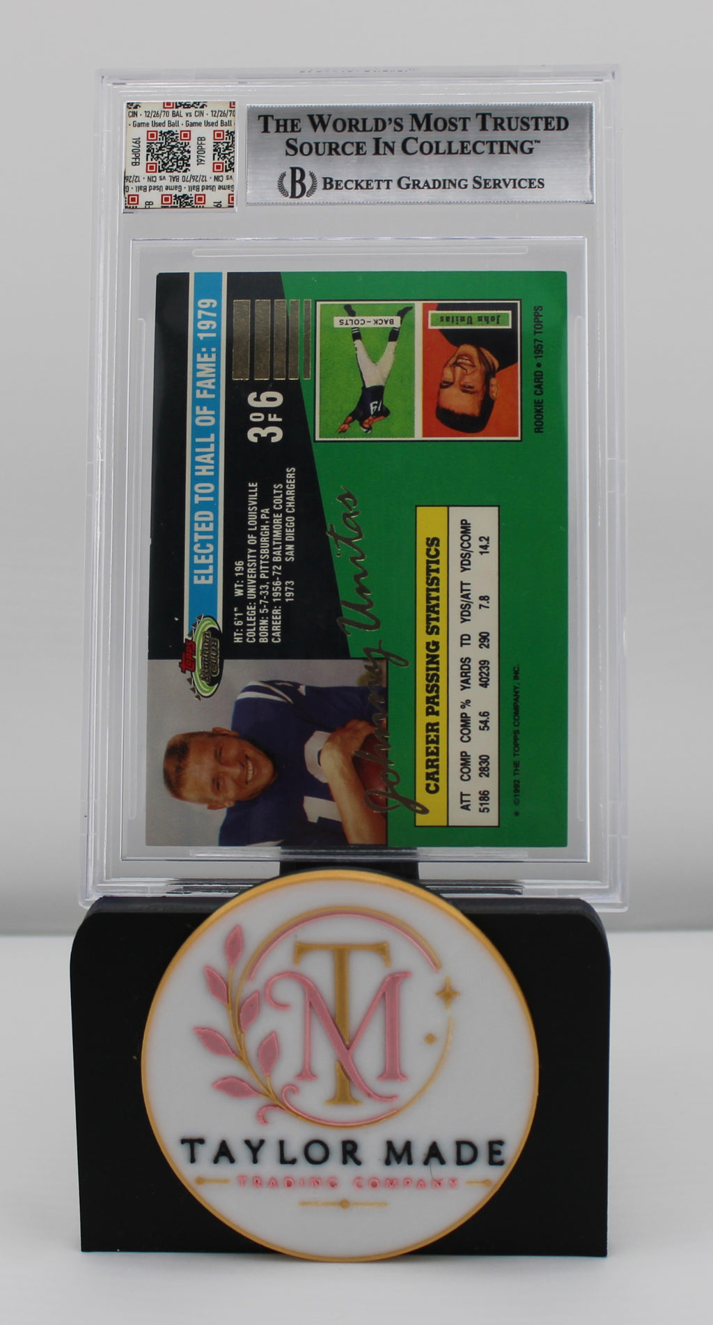 1992 Topps Stadium Club #3 Johnny Unitas QB Legends Authentic Handwriting Game Used Playoff Football JF Authentic - Card back with career stats and Beckett label