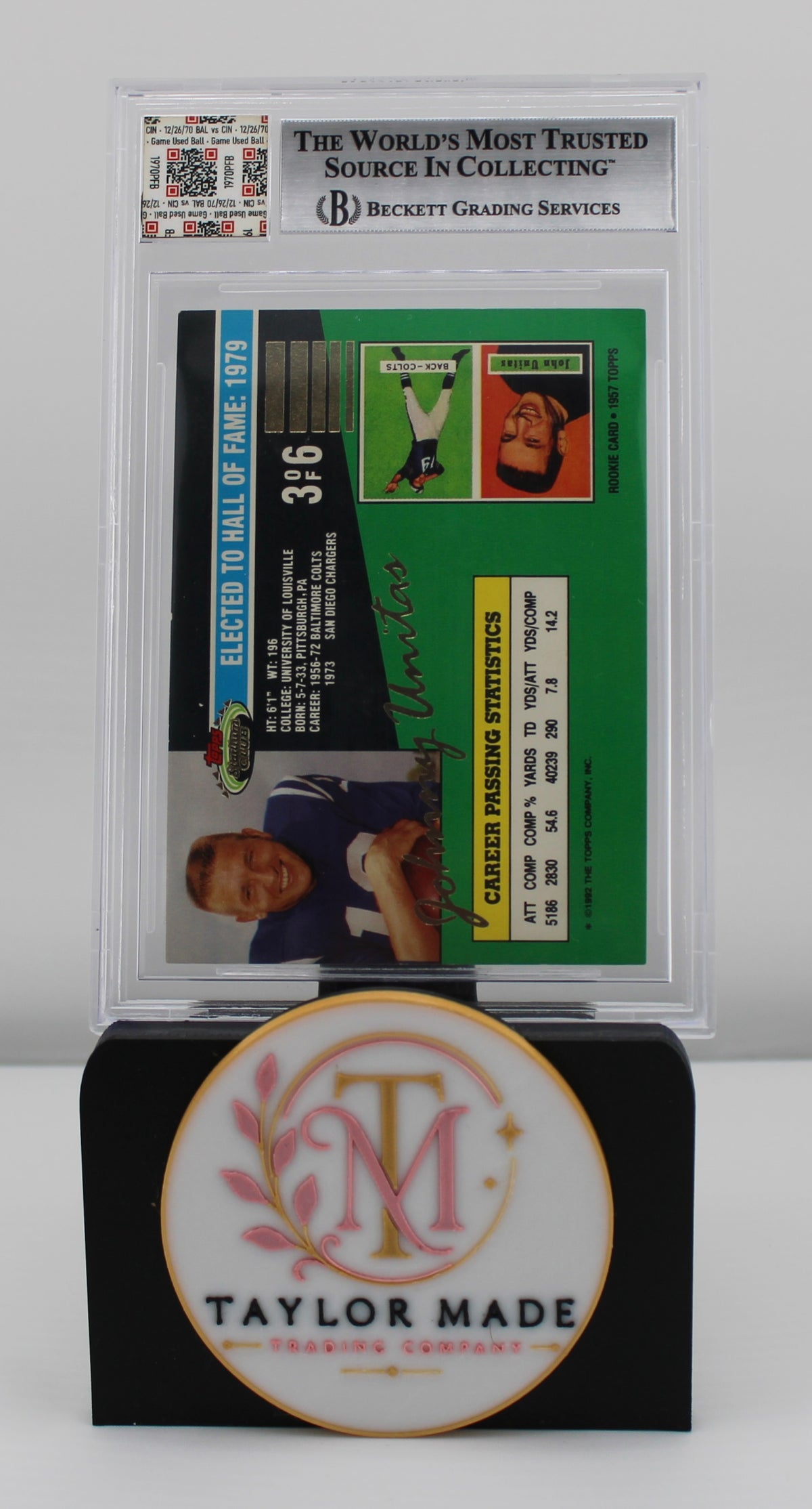 1992 Topps Stadium Club #3 Johnny Unitas QB Legends Authentic Handwriting Game Used Playoff Football JF Authentic - Card back with career stats and Beckett label